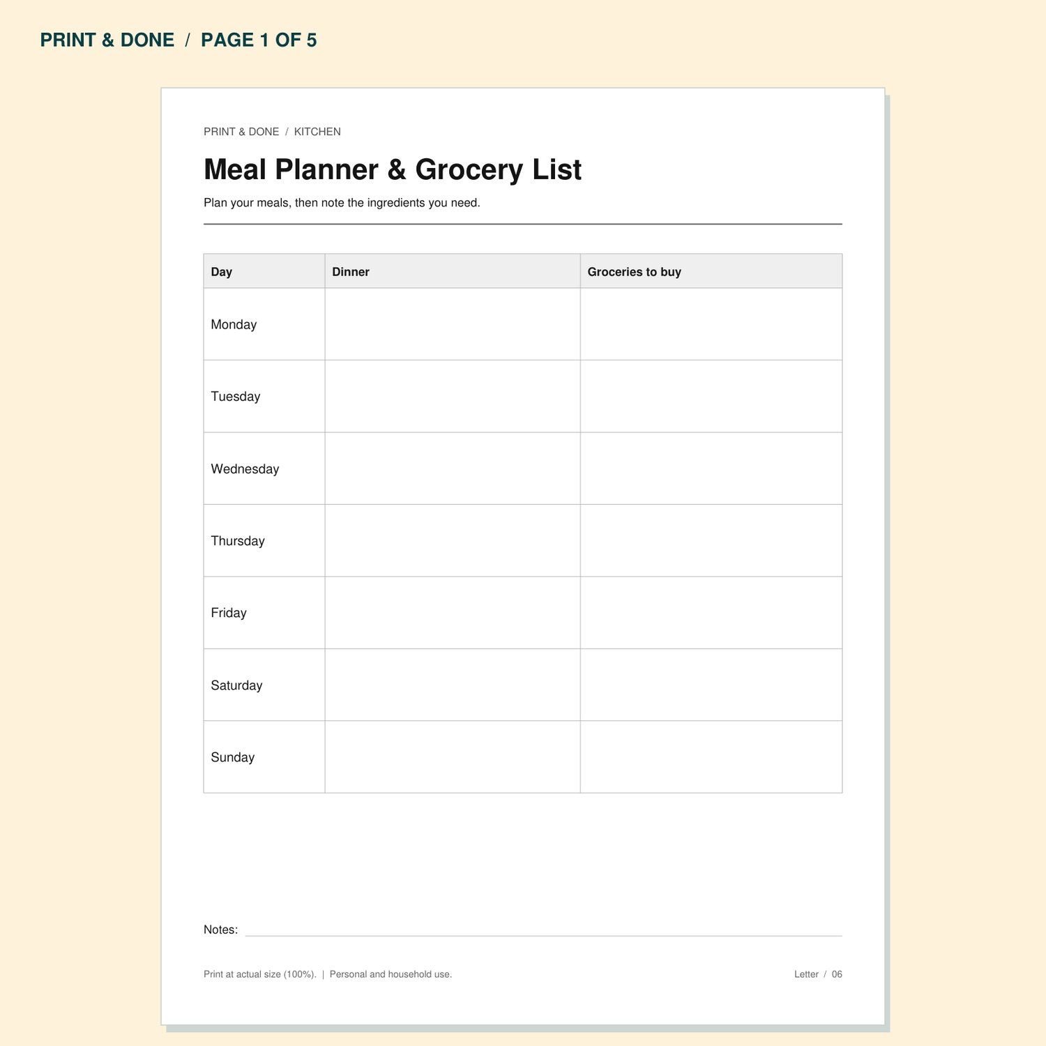 Meal Planner & Grocery List worksheet preview, page 1 of the Kitchen printable set.