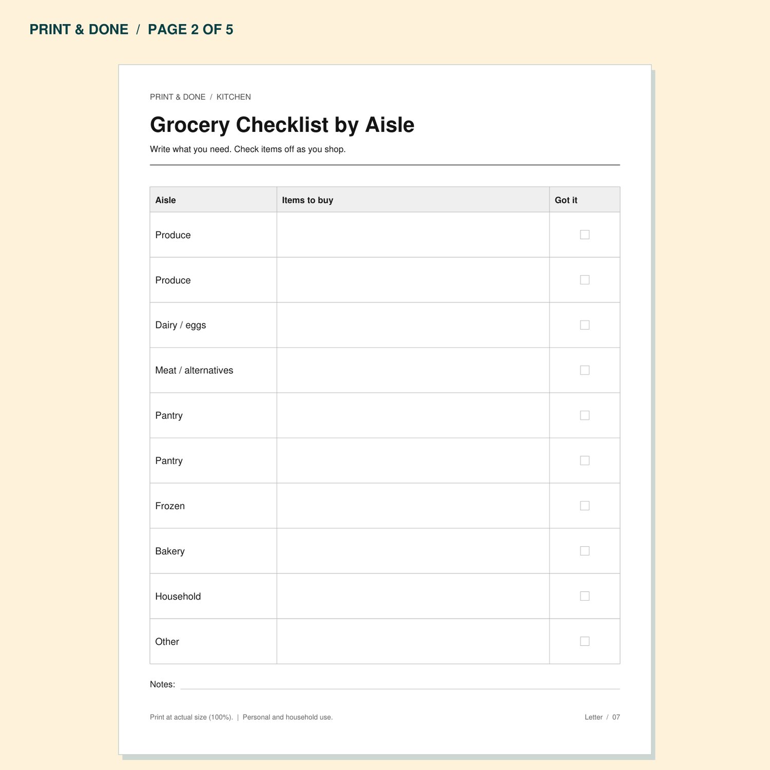 Grocery Checklist by Aisle worksheet preview, page 2 of the Kitchen printable set.