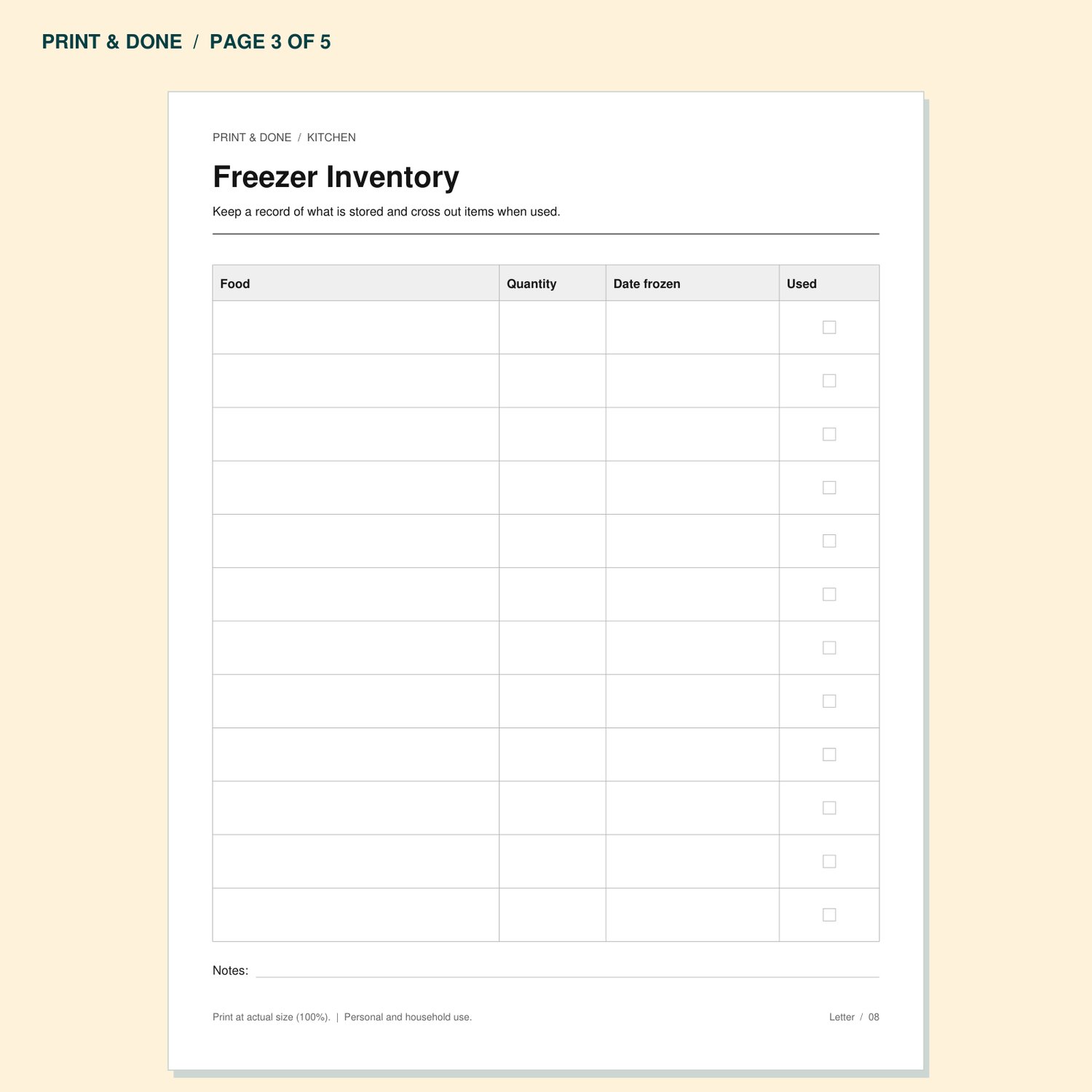 Freezer Inventory worksheet preview, page 3 of the Kitchen printable set.