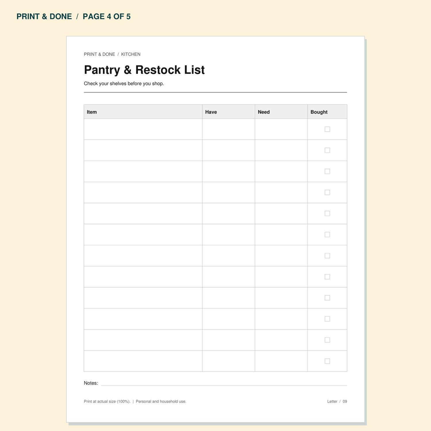 Pantry & Restock List worksheet preview, page 4 of the Kitchen printable set.