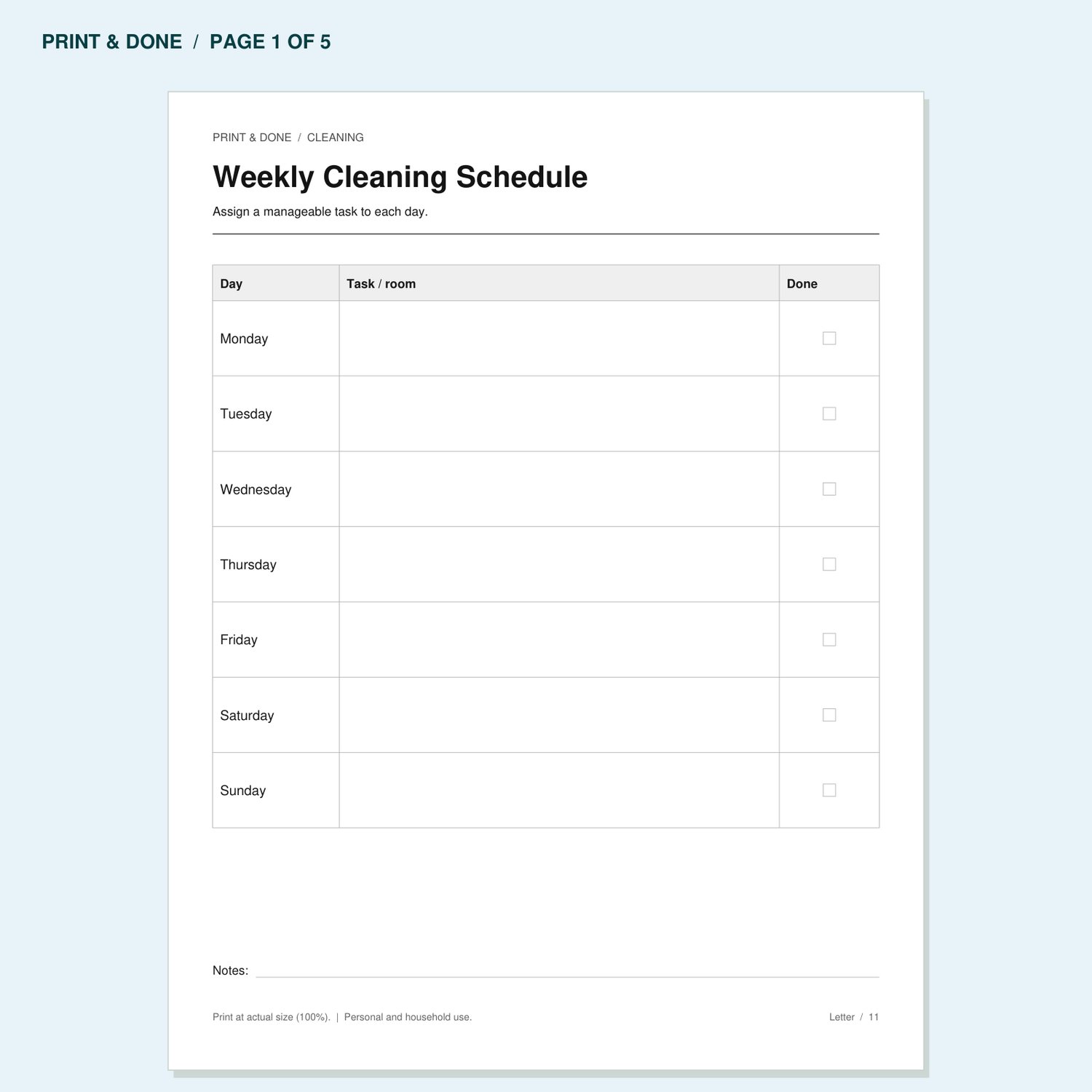Weekly Cleaning Schedule worksheet preview, page 1 of the Cleaning printable set.