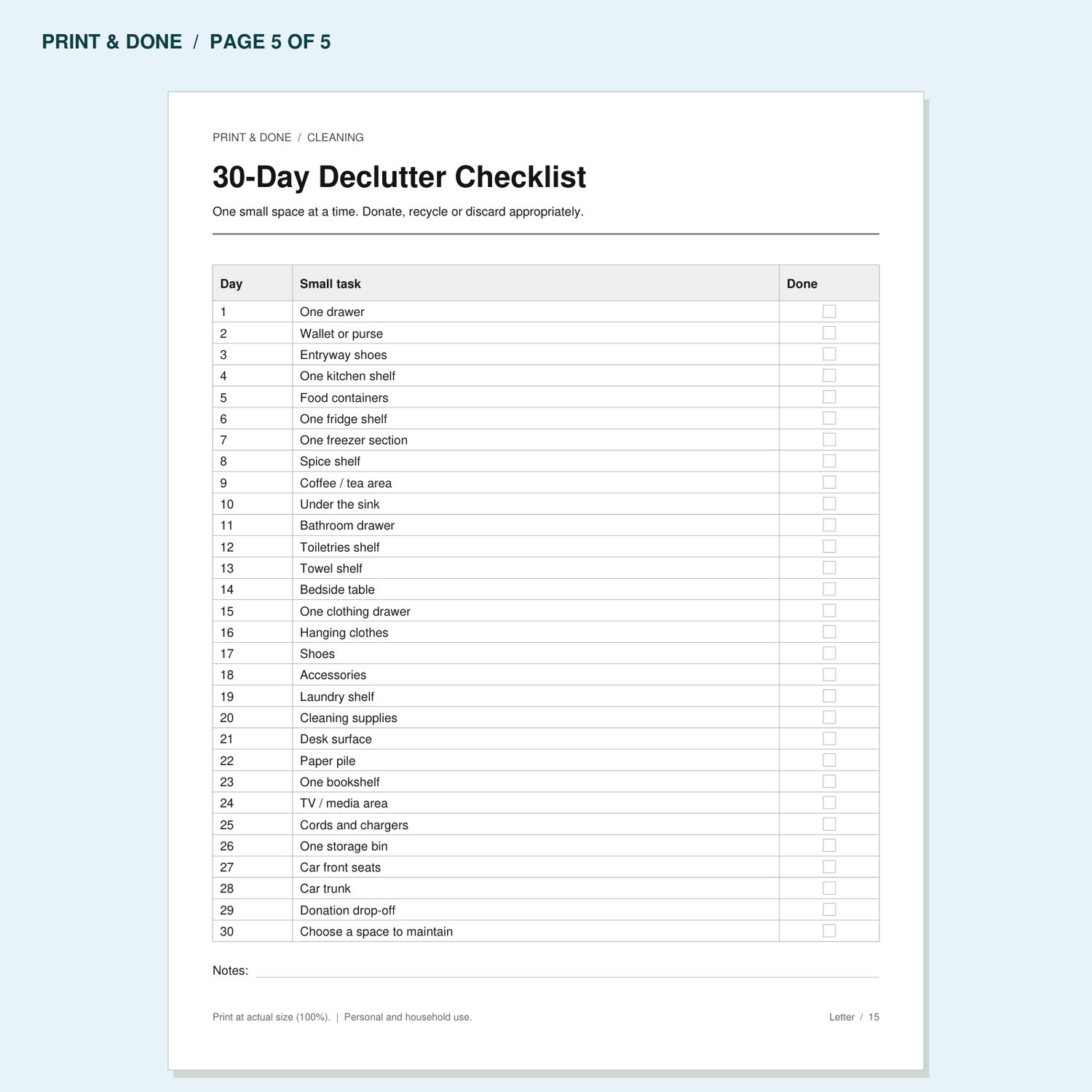 30-Day Declutter Checklist worksheet preview, page 5 of the Cleaning printable set.