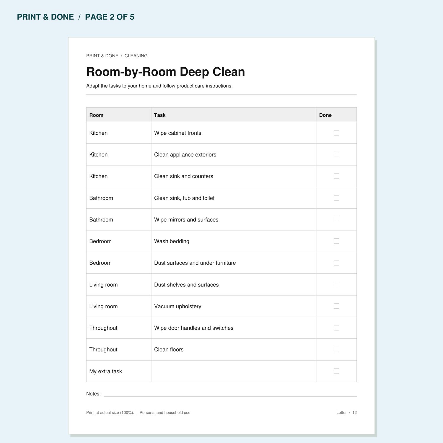 Room-by-Room Deep Clean worksheet preview, page 2 of the Cleaning printable set.