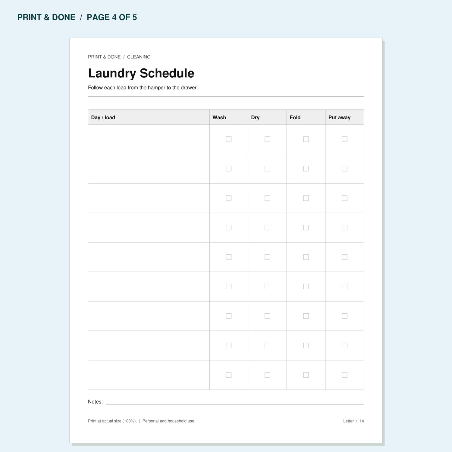 Laundry Schedule worksheet preview, page 4 of the Cleaning printable set.