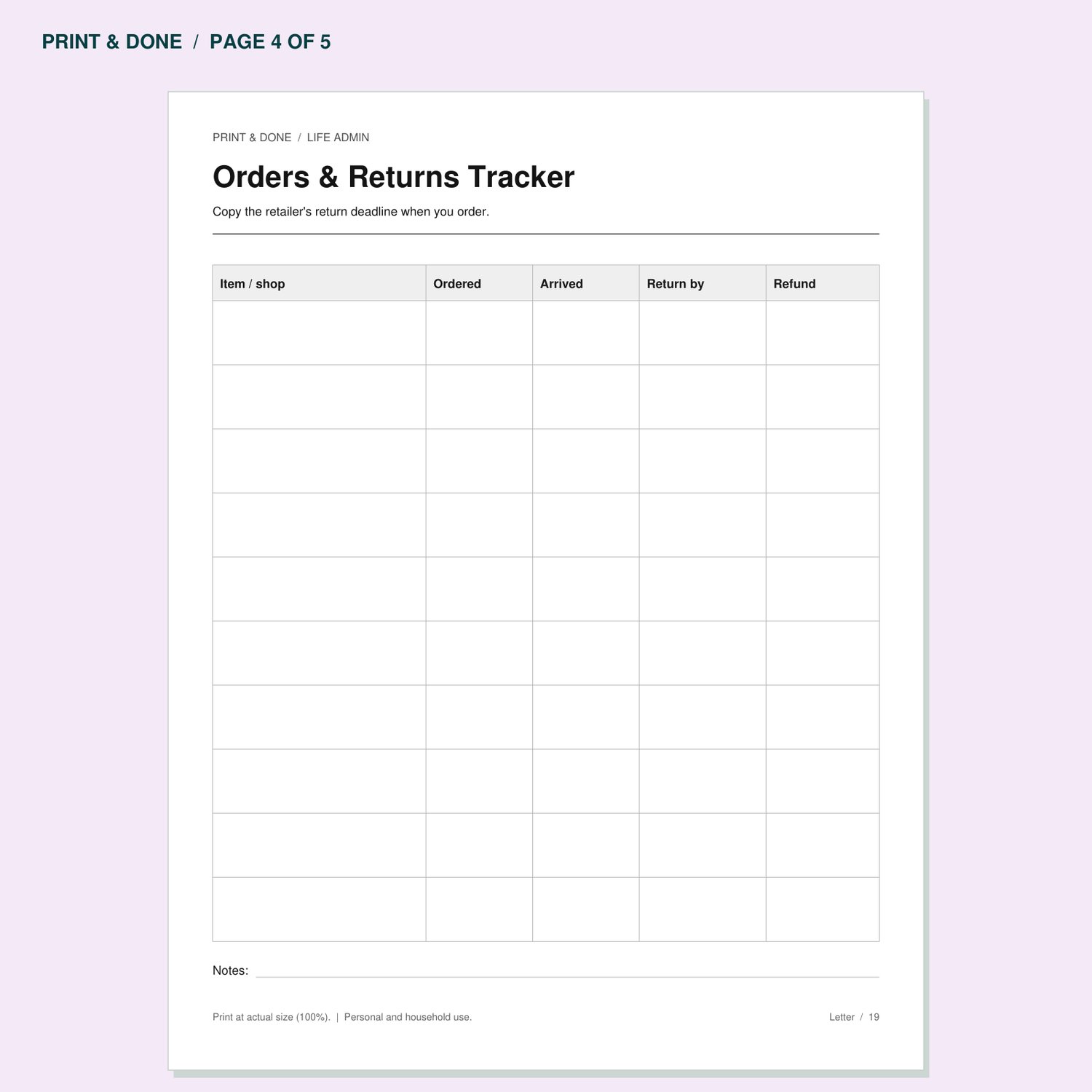 Orders & Returns Tracker worksheet preview, page 4 of the Life Admin printable set.