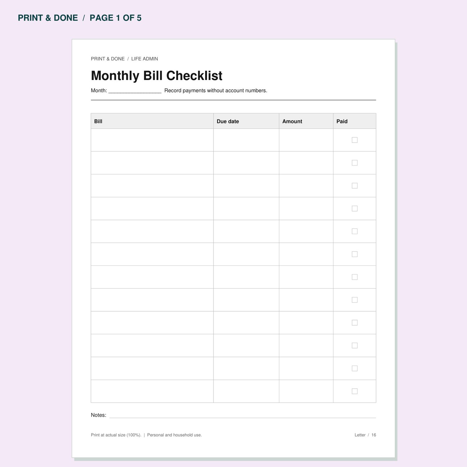 Monthly Bill Checklist worksheet preview, page 1 of the Life Admin printable set.
