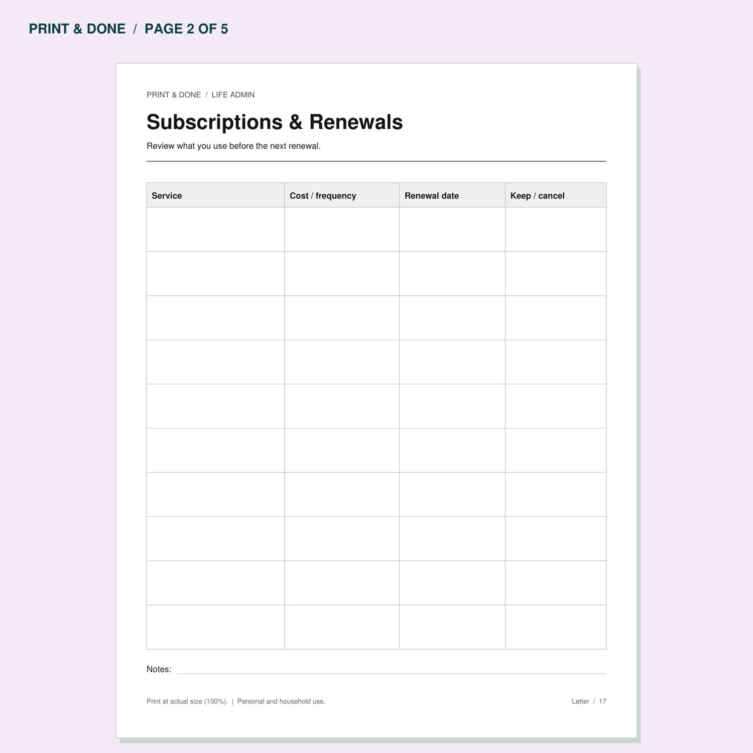 Subscriptions & Renewals worksheet preview, page 2 of the Life Admin printable set.