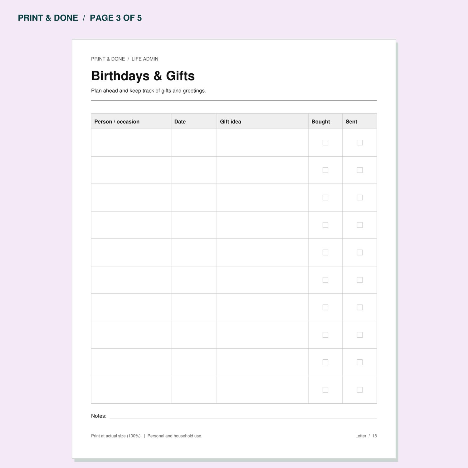Birthdays & Gifts worksheet preview, page 3 of the Life Admin printable set.
