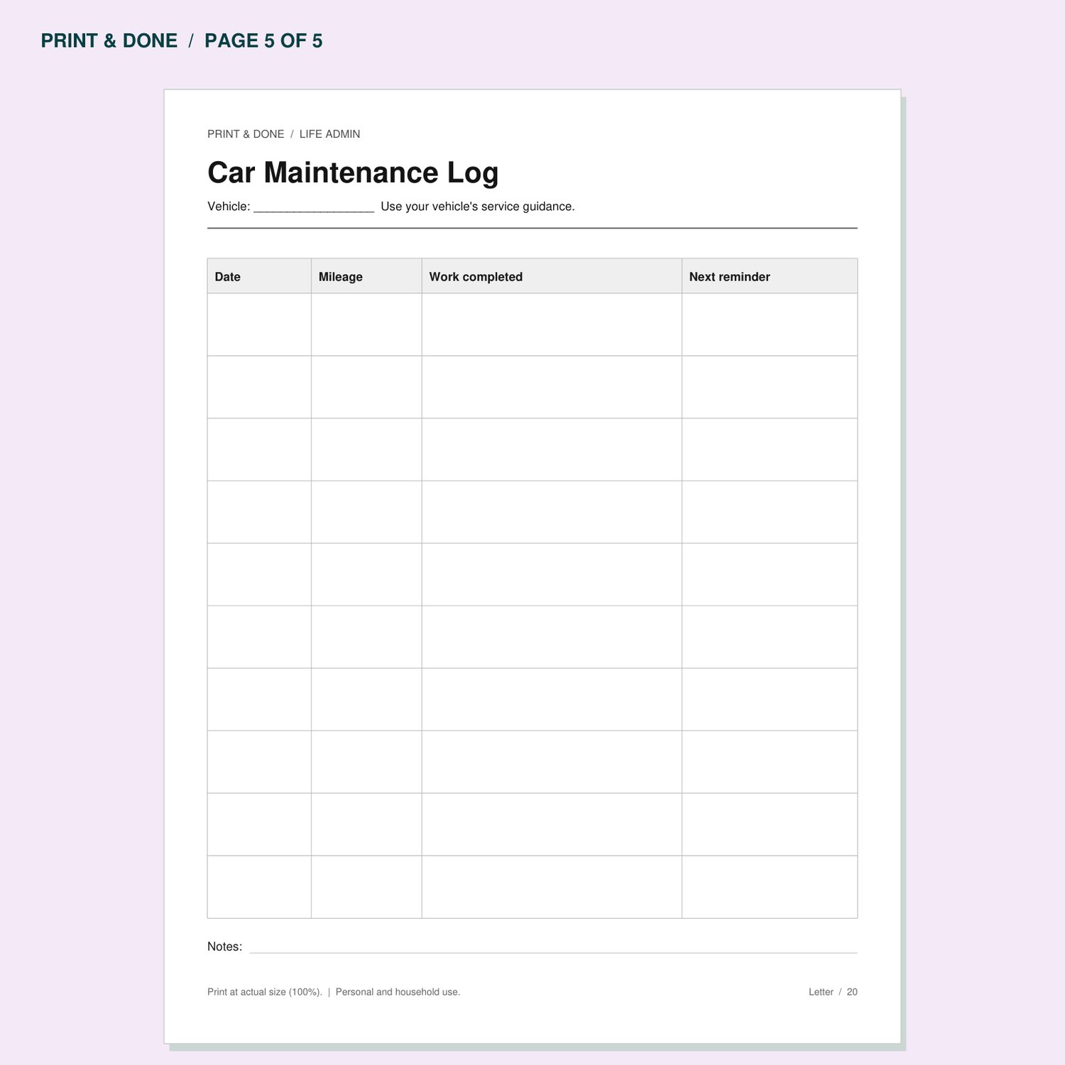 Car Maintenance Log worksheet preview, page 5 of the Life Admin printable set.