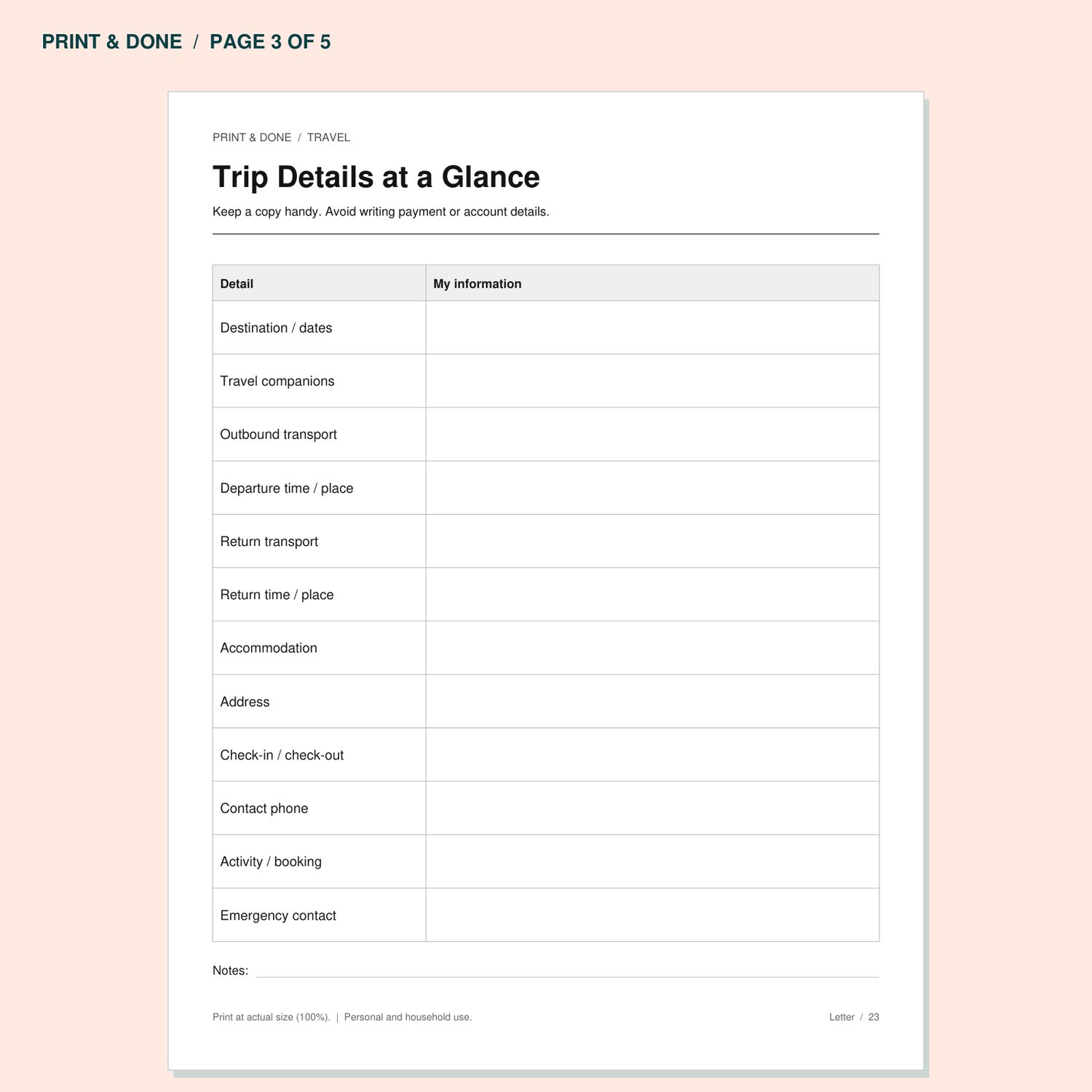 Trip Details at a Glance worksheet preview, page 3 of the Travel printable set.
