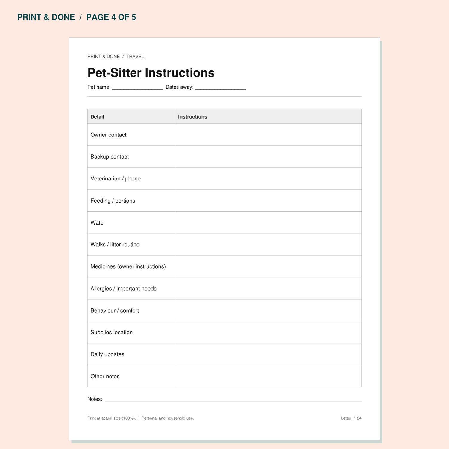 Pet-Sitter Instructions worksheet preview, page 4 of the Travel printable set.