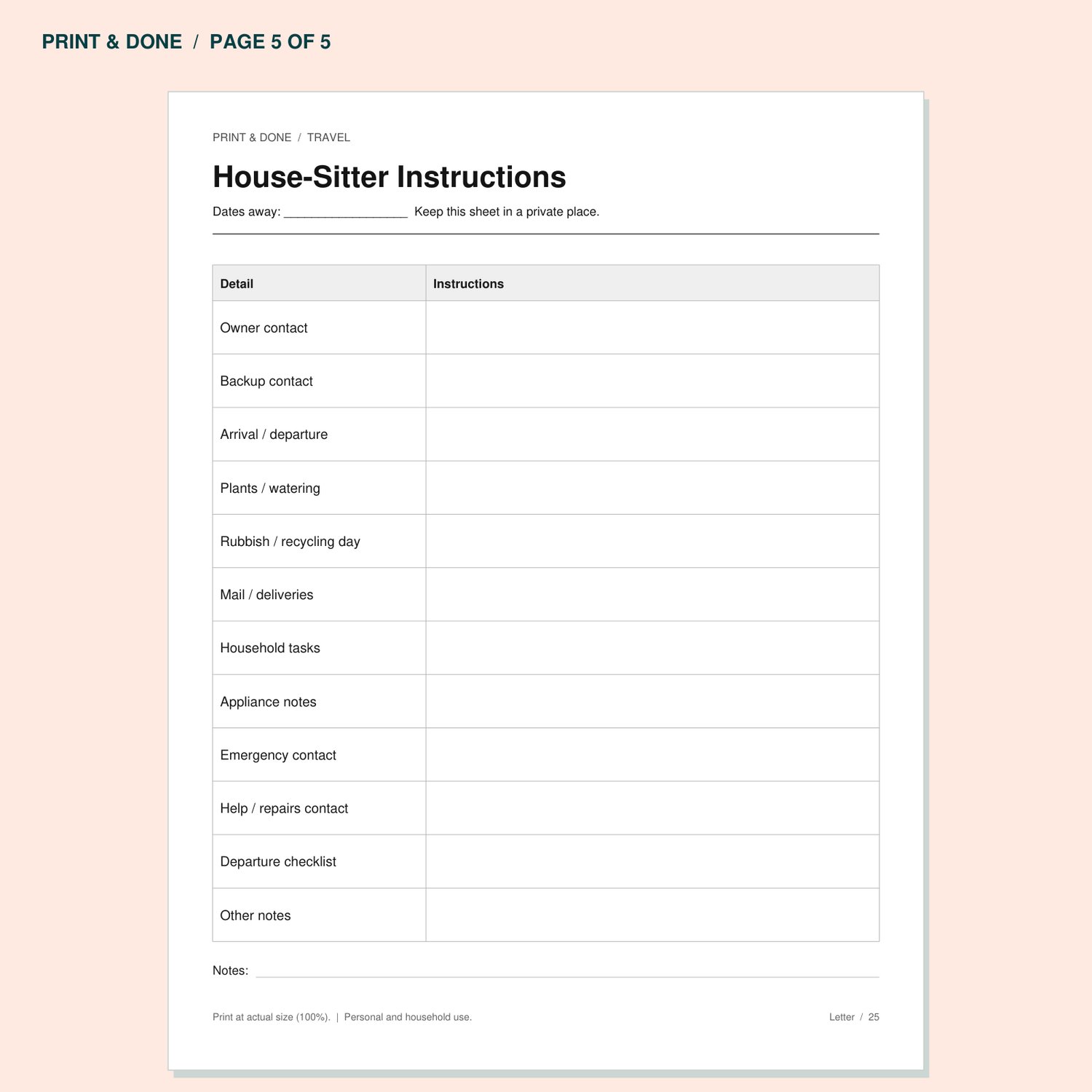 House-Sitter Instructions worksheet preview, page 5 of the Travel printable set.