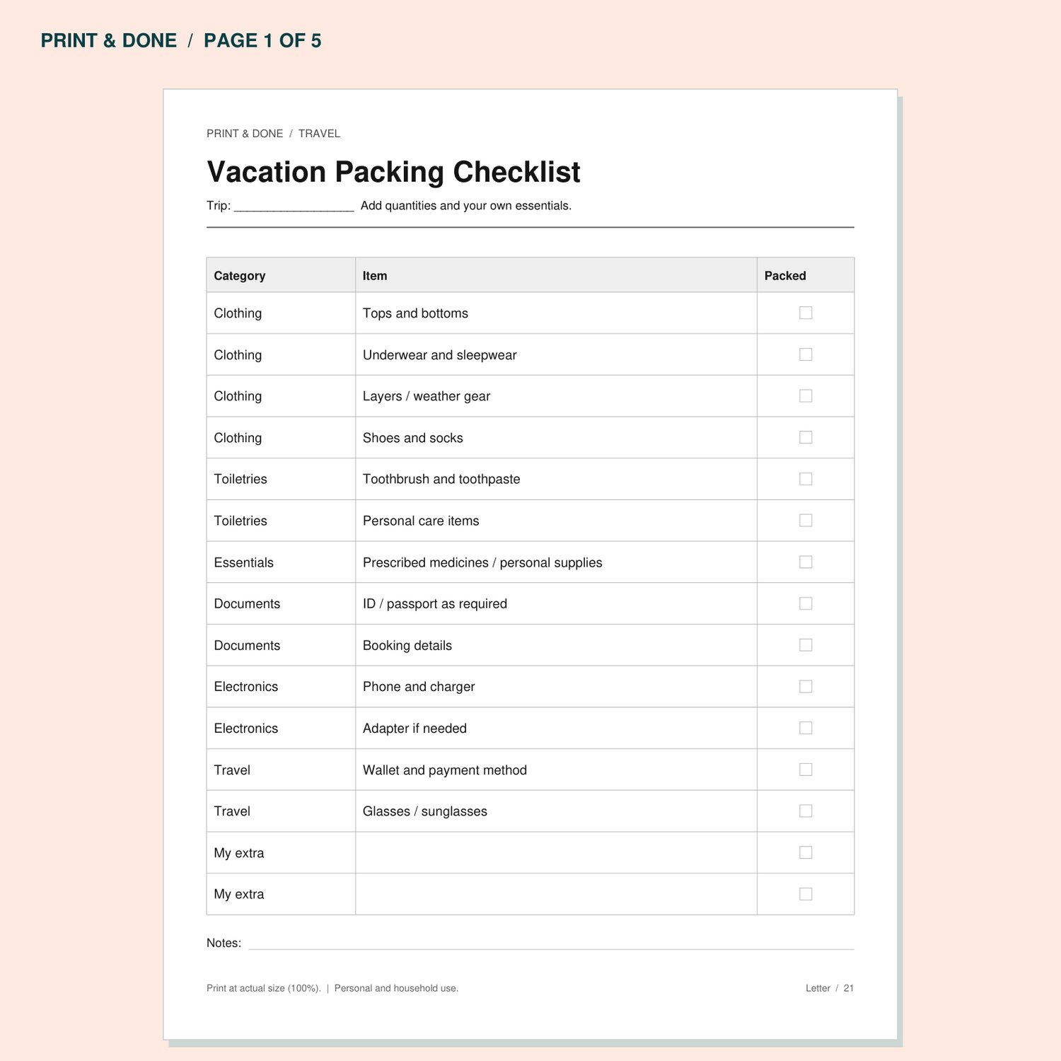 Vacation Packing Checklist worksheet preview, page 1 of the Travel printable set.