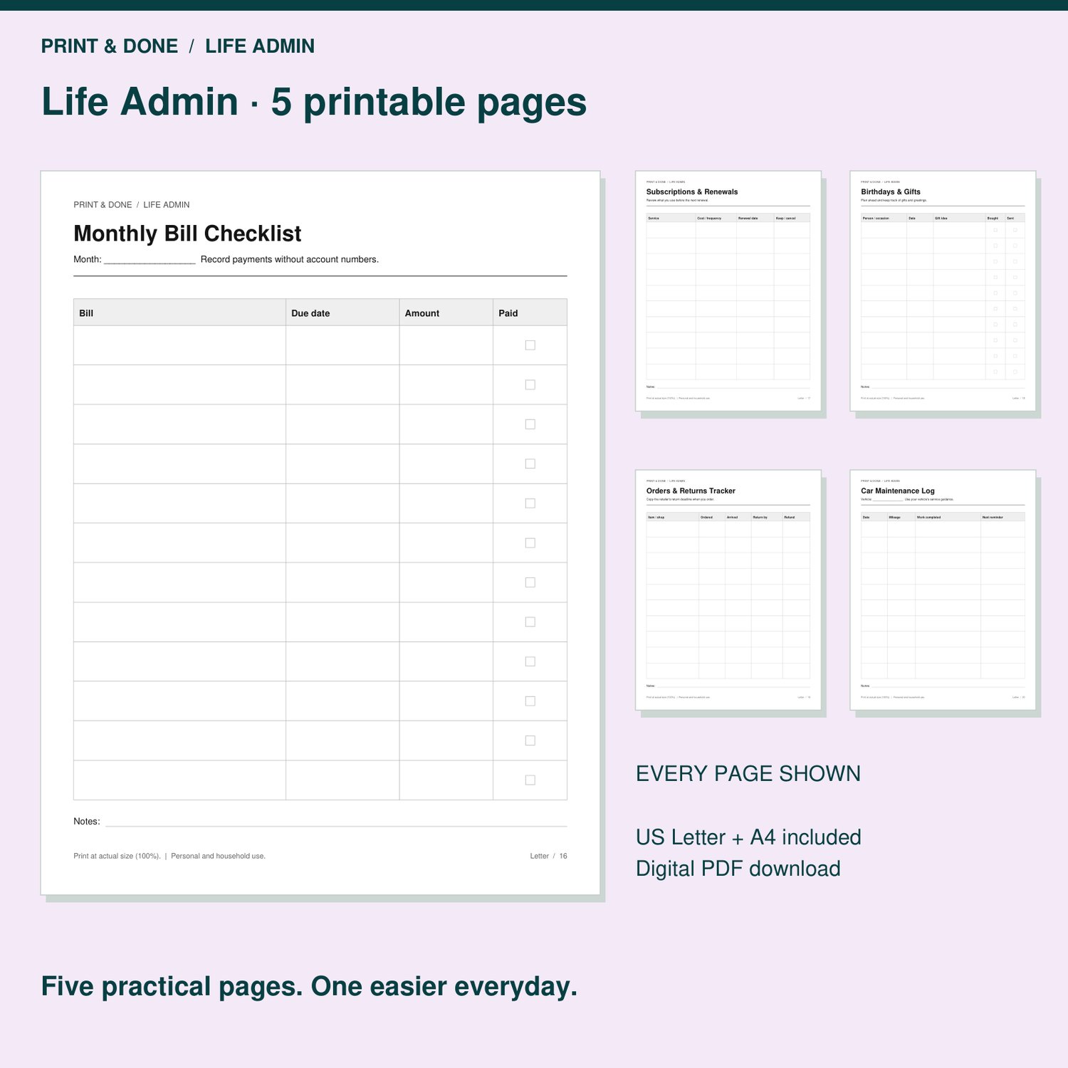 Life Admin set preview showing five printable worksheets included in the complete collection.