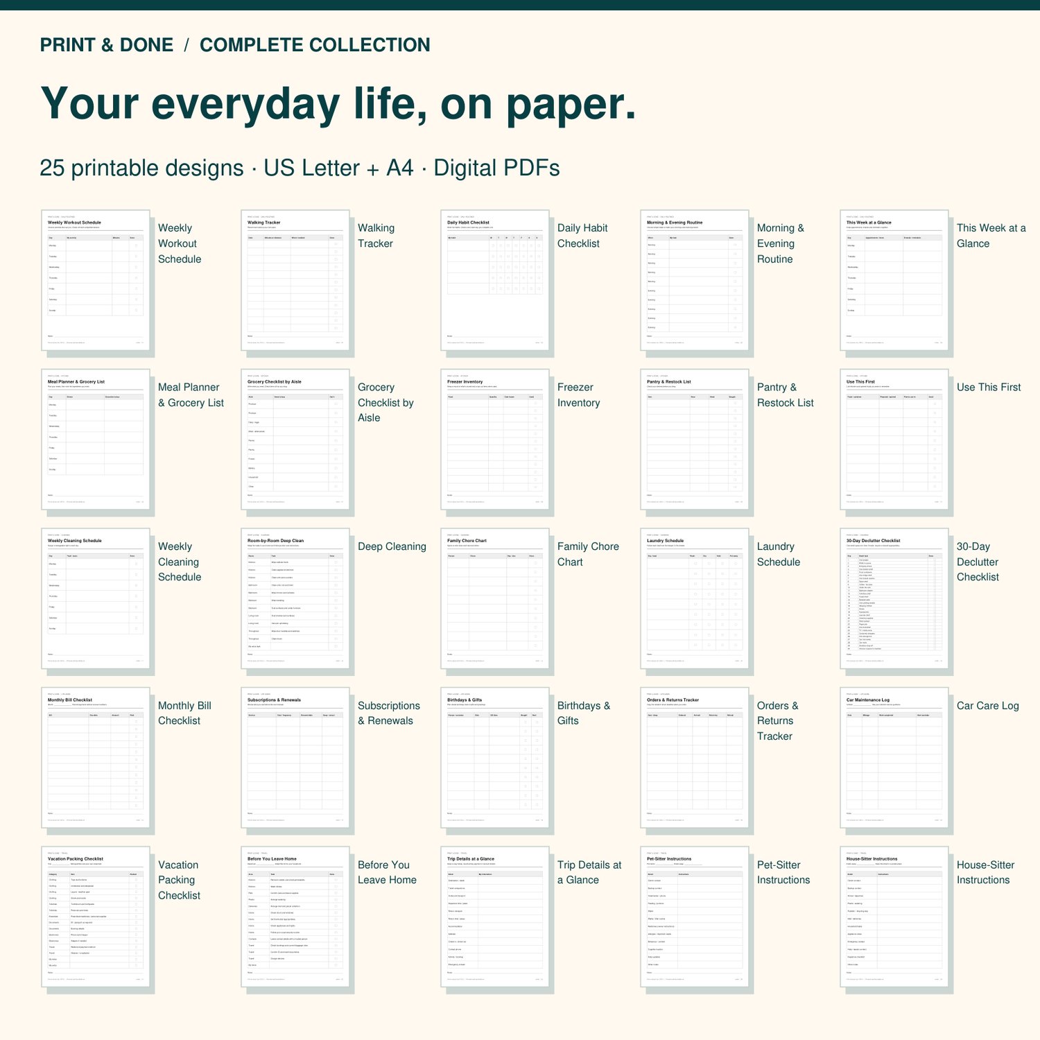 Complete 25-Printable Collection preview showing the actual printable worksheet pages.