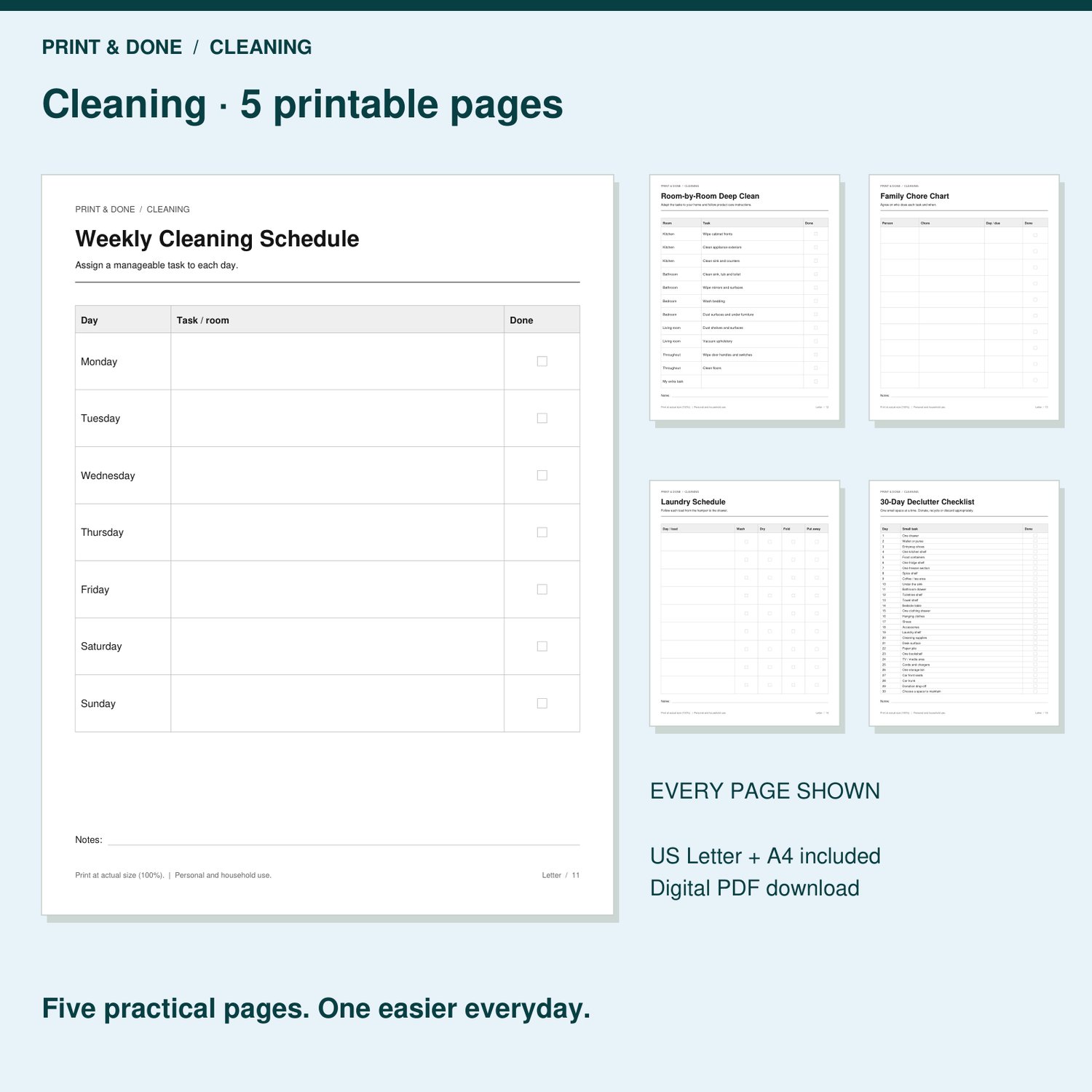 Cleaning set preview showing five printable worksheets included in the complete collection.
