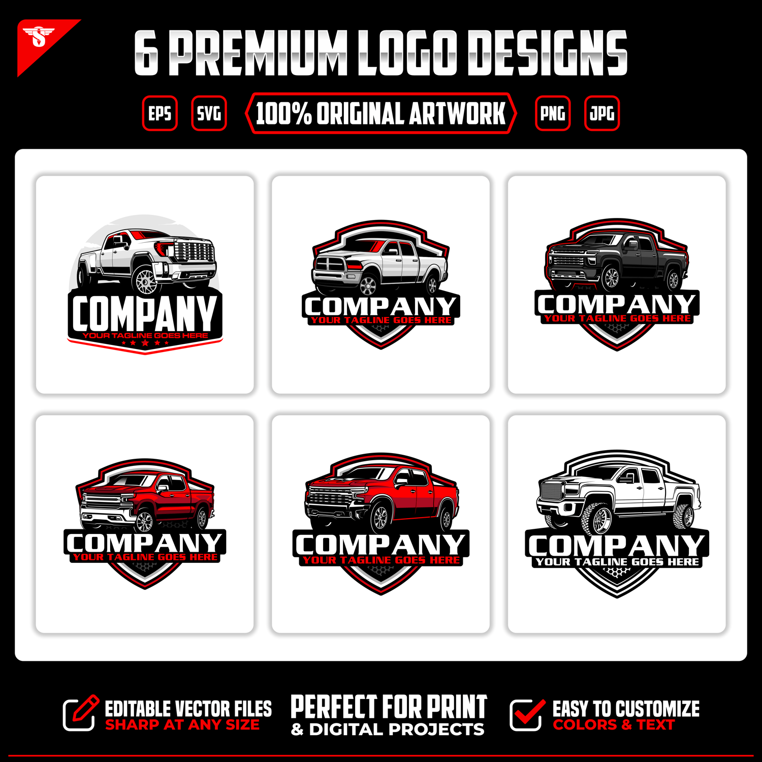 Download 6 hand-crafted pickup truck vector logos. Editable SVG, EPS, PNG and JPG designs for truck dealerships, automotive businesses, branding and merchandise.