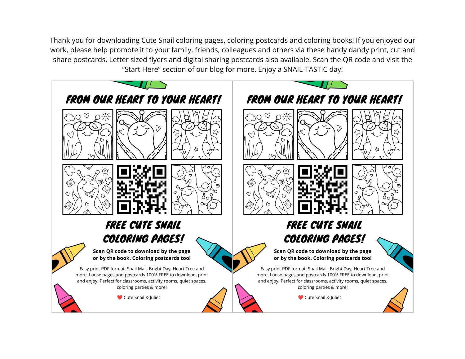 Cute Snail Coloring Pages Printable Postcards (Print Sheet)