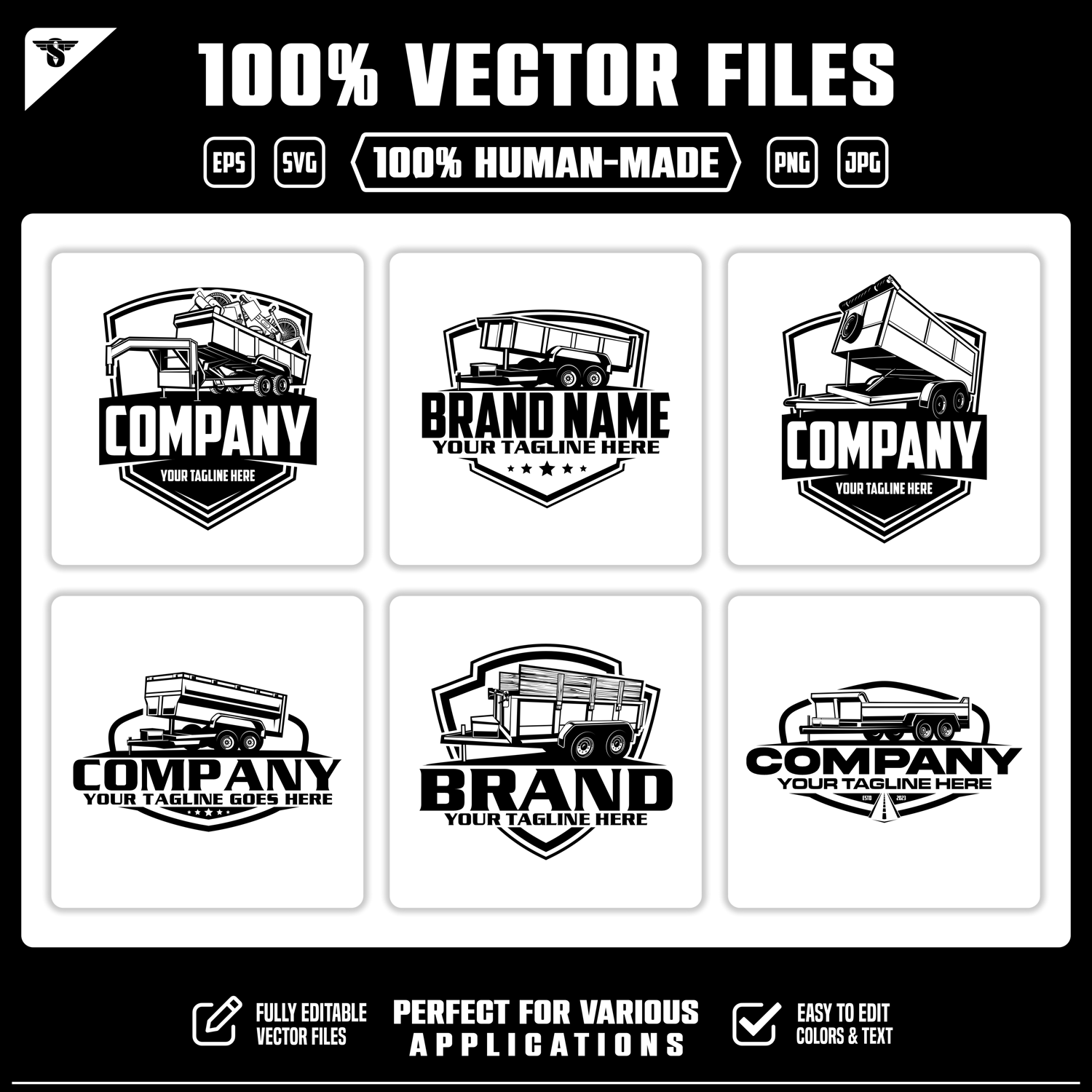 Download 6 hand-crafted dump trailer vector logos. Editable SVG, EPS, PNG and JPG designs for trailer dealerships, hauling services, rentals and business branding.