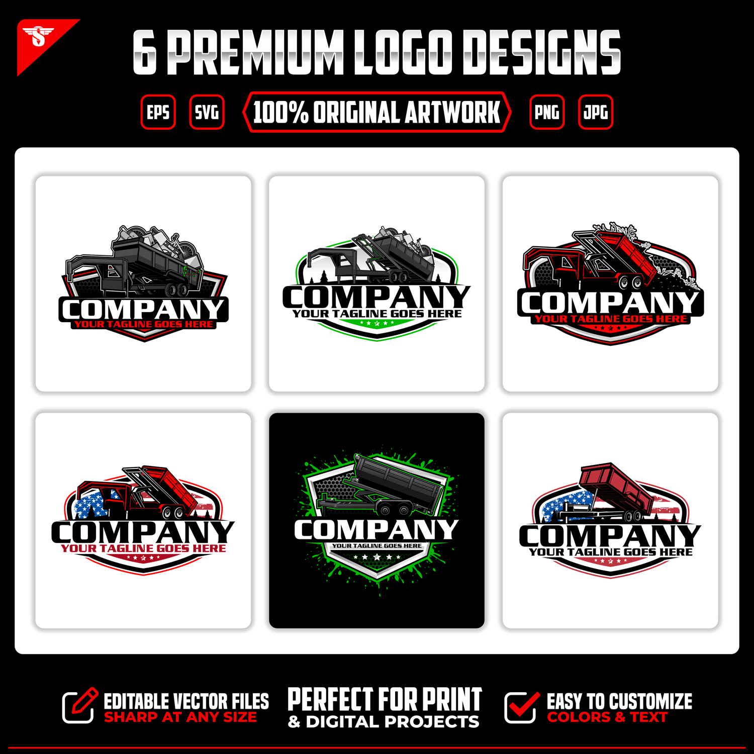 Download 6 hand-crafted dump trailer vector logos. Editable SVG, EPS, PNG and JPG designs for junk removal, hauling, trailer rentals and business branding.