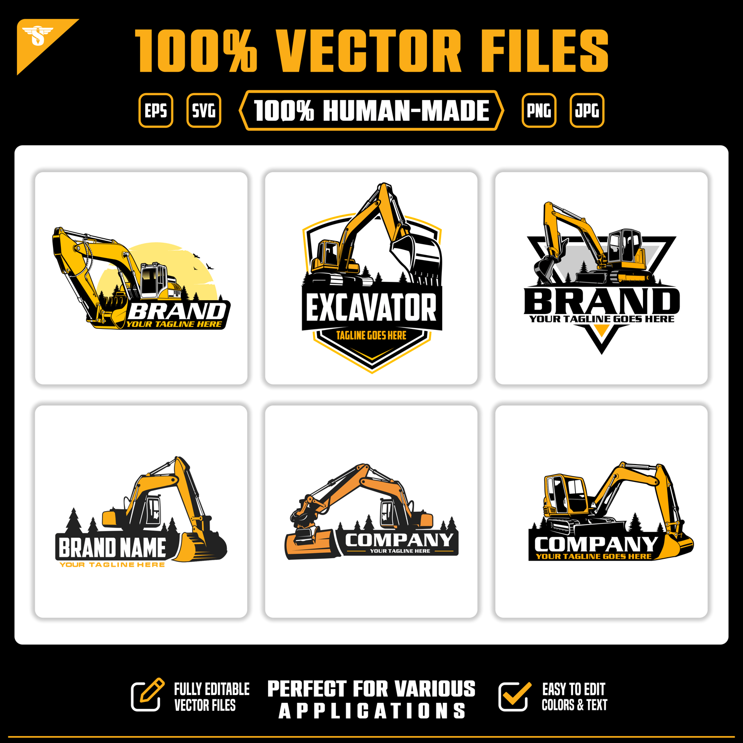 Download 6 hand-crafted excavator vector logos. Editable SVG, EPS, PNG and JPG designs for excavation, construction, earthmoving and heavy equipment businesses.