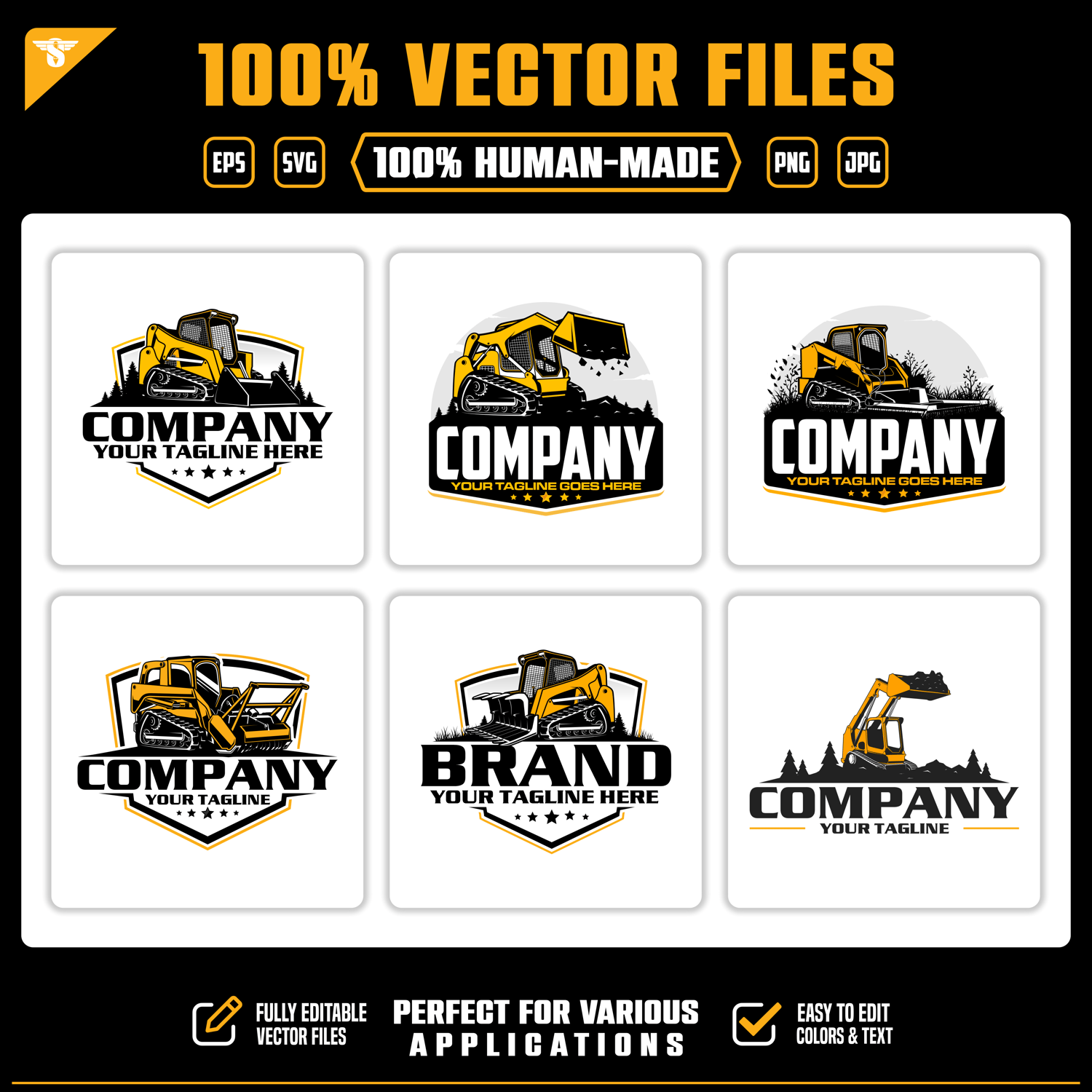 Download 6 hand-crafted skid steer and compact track loader vector logos. Editable SVG, EPS, PNG and JPG files for construction, landscaping and excavation businesses.