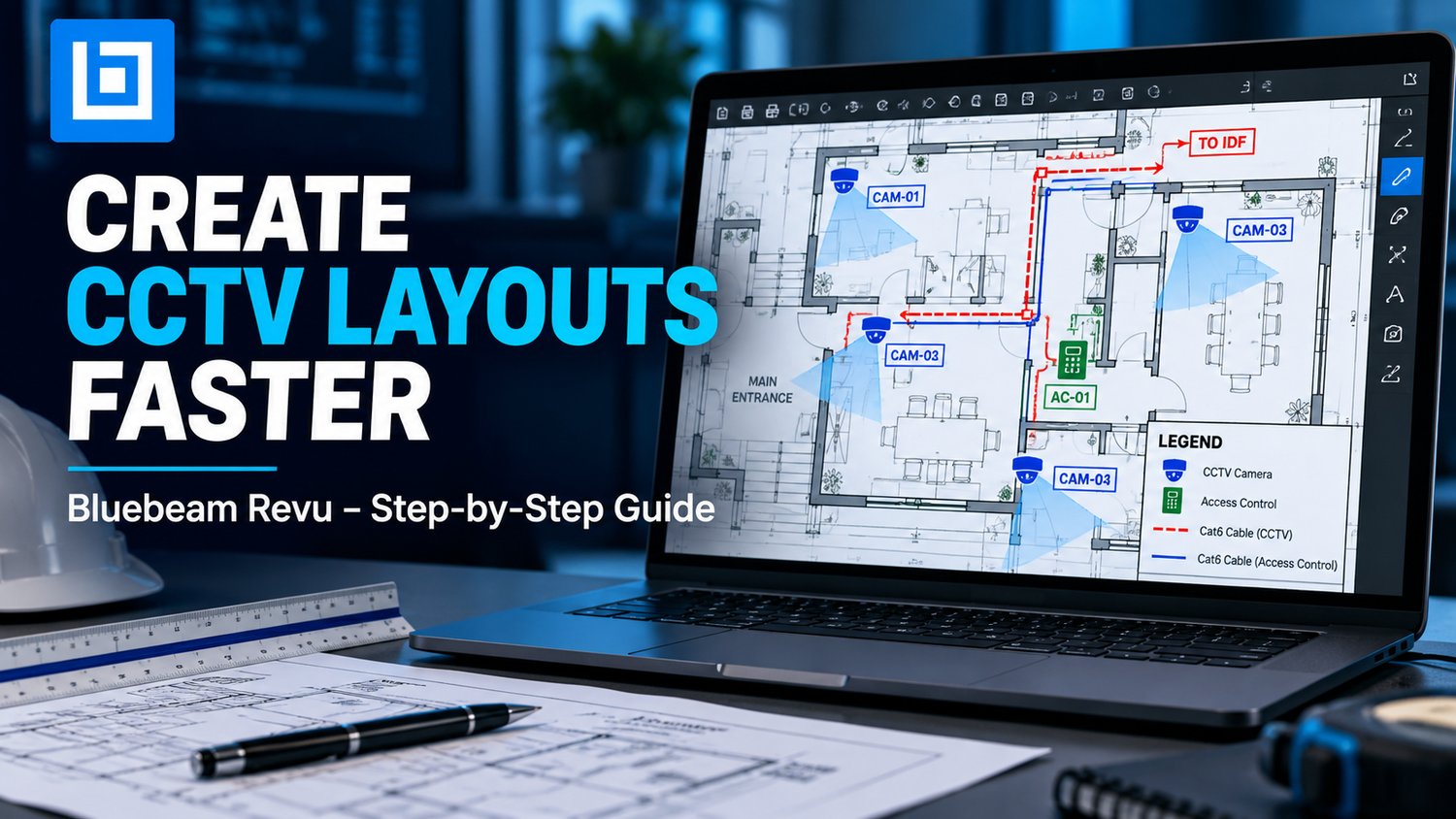 Bluebeam Revu CCTV layout tutorial showing a security camera floor plan, camera symbols, access control devices and cable routes on a laptop screen.