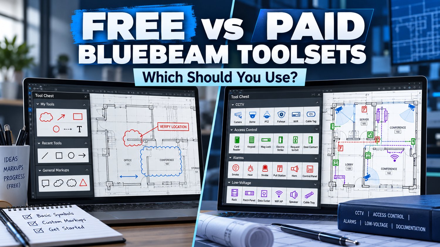 Compare free and paid Bluebeam Revu toolsets for CCTV, access control and low-voltage projects. Learn when reusable symbols are worth buying.