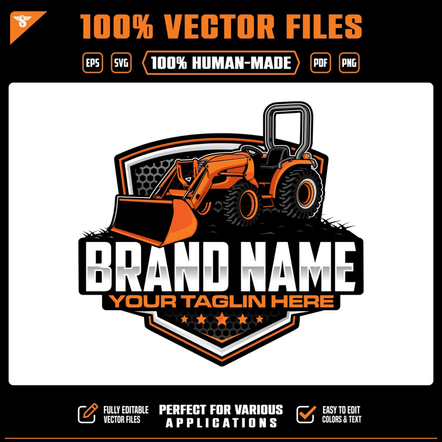 Orange compact tractor front loader logo with black bucket, large tractor tires, black and orange shield badge, customizable brand name and tagline for landscaping and construction businesses.