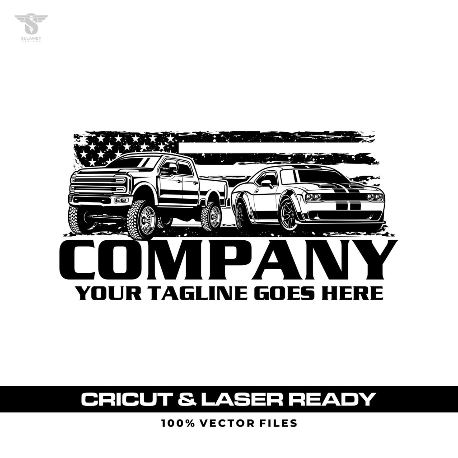 Black and white patriotic automotive vector logo featuring a lifted pickup truck and classic American muscle car in front of a distressed American flag with bold company name and tagline.