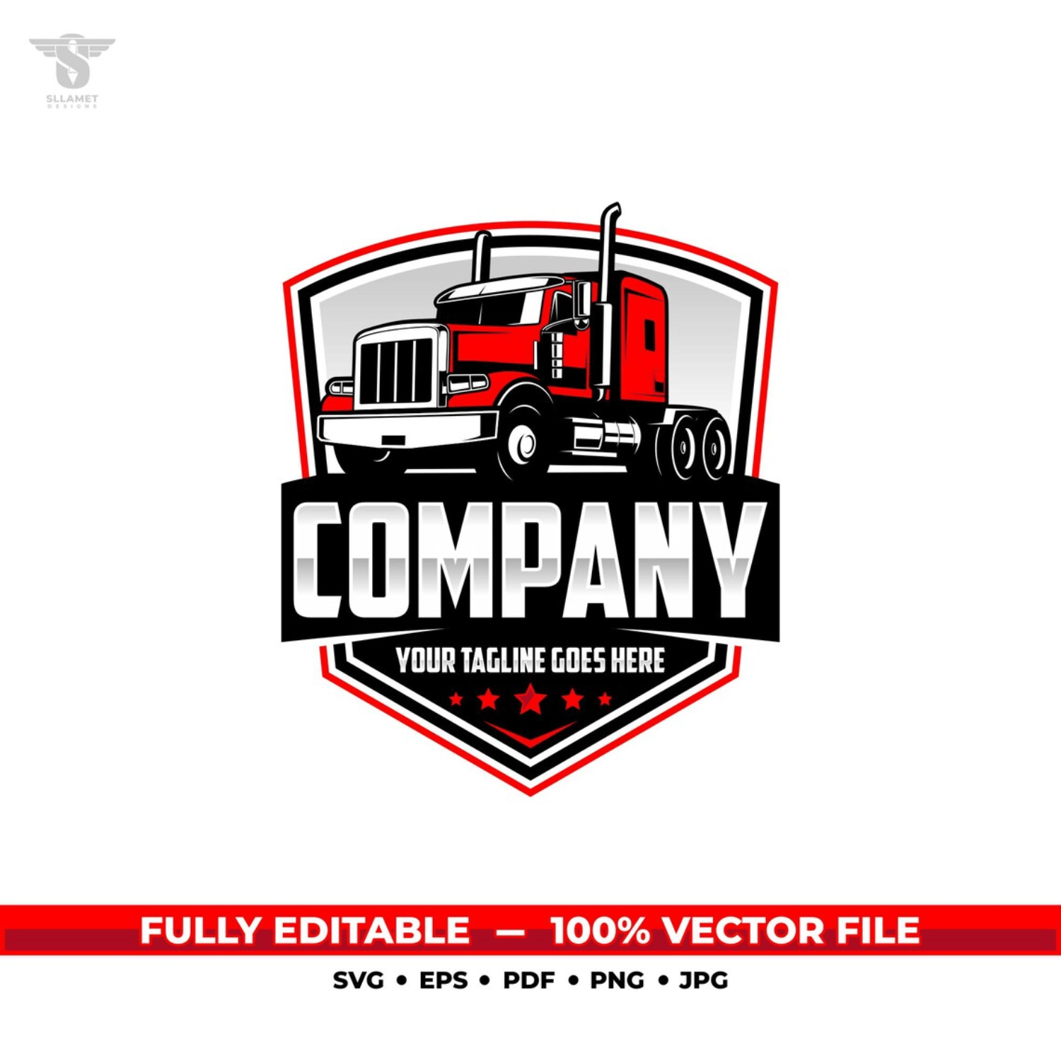 Red semi truck vector logo featuring a classic long-nose 18 wheeler with chrome exhaust stacks, black and silver shield badge, bold company lettering and customizable tagline.