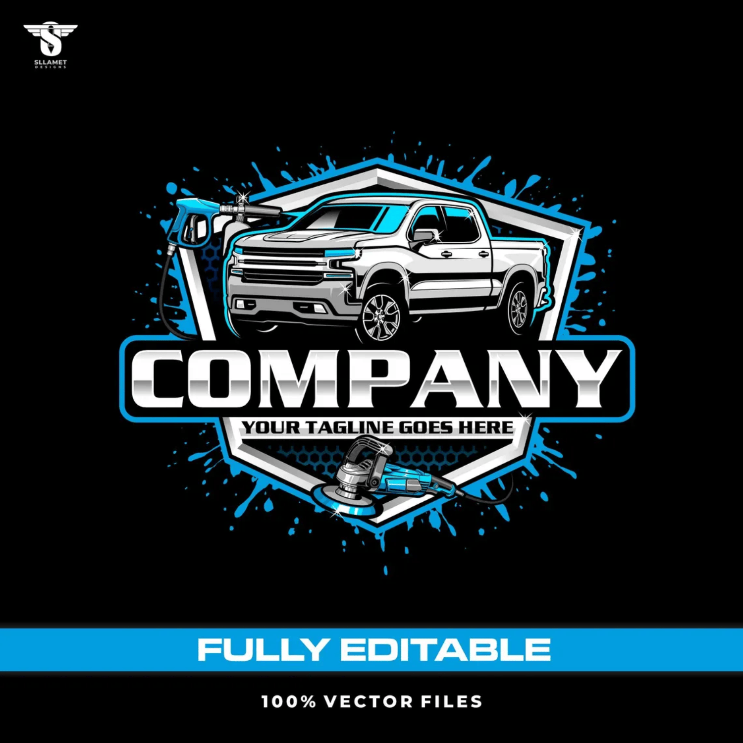 Mobile car detailing vector logo featuring a white pickup truck, pressure washing equipment, blue water splash effects, black and silver shield badge, bold company name and customizable tagline.