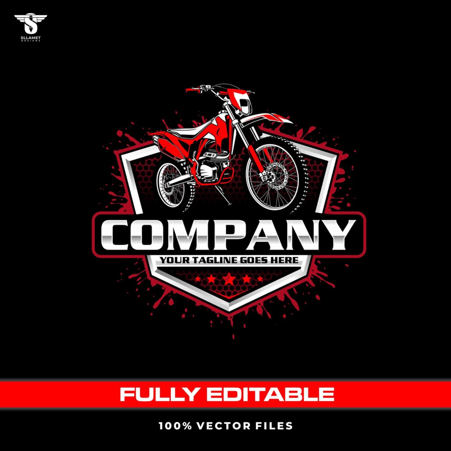 Red and white dirt bike motocross vector logo featuring an off-road motorcycle with knobby tires, red paint splashes, black and silver shield badge, company lettering and customizable tagline.