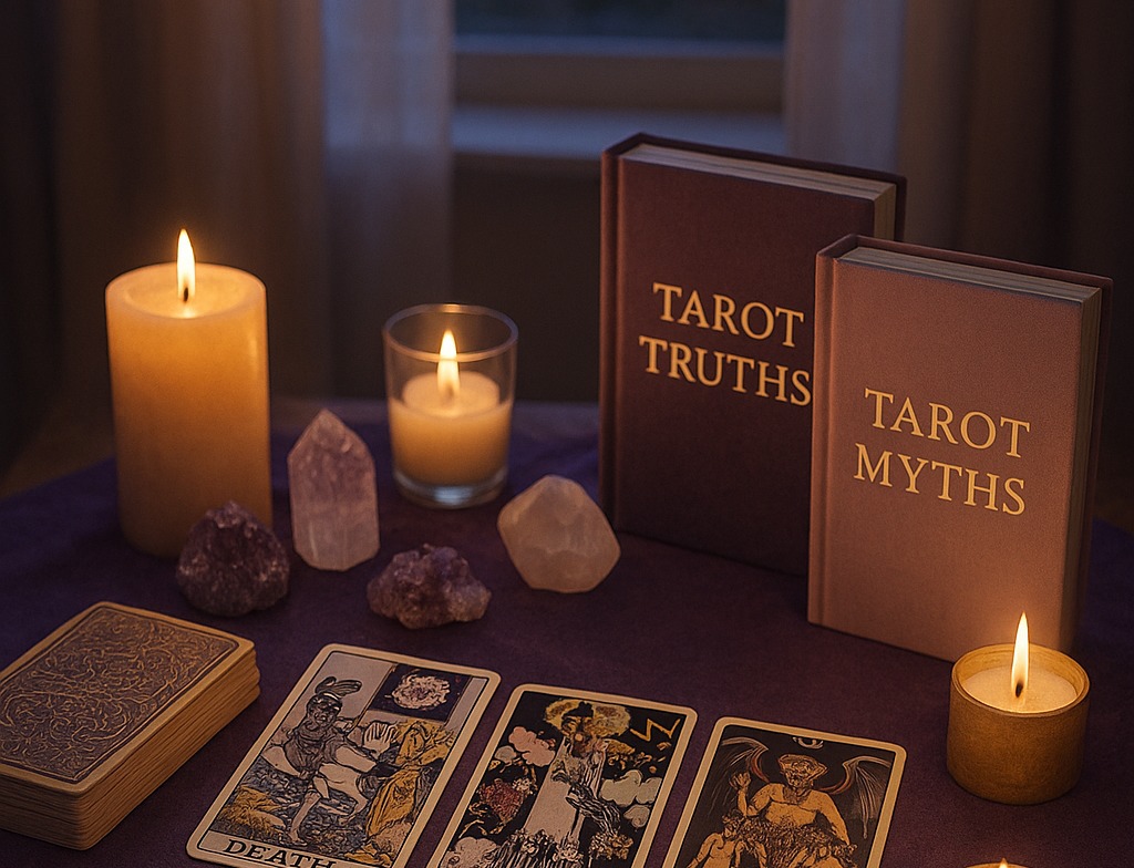 AI-generated image showing a table with two books "Tarot Truths" and "Tarot Myths"; on the table are lit decorative candles and crystals as well as a Tarot deck with the Death, The Tower, and The Devil drawn