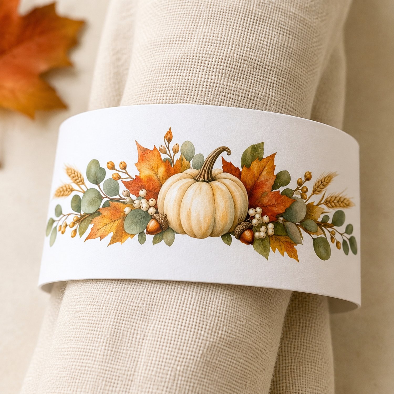 Printable Thanksgiving napkin rings featuring watercolor white pumpkins, orange autumn leaves, eucalyptus, wheat and acorns, with four bands on a US Letter page.