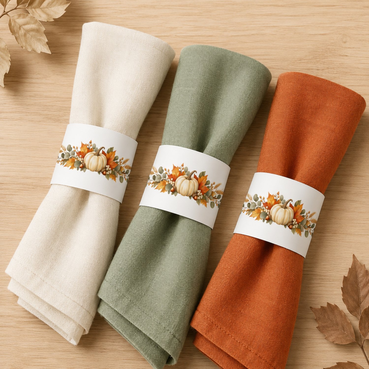 Printable Thanksgiving napkin rings featuring watercolor white pumpkins, orange autumn leaves, eucalyptus, wheat and acorns, with four bands on a US Letter page.