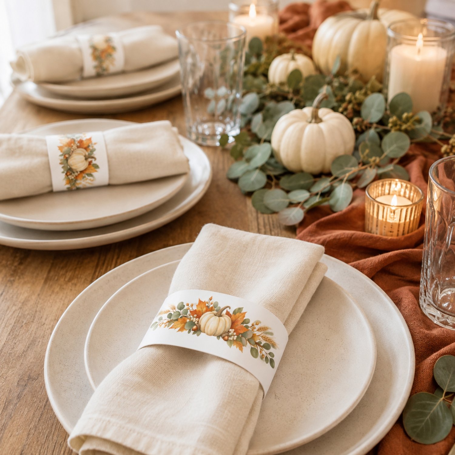 Printable Thanksgiving napkin rings featuring watercolor white pumpkins, orange autumn leaves, eucalyptus, wheat and acorns, with four bands on a US Letter page.