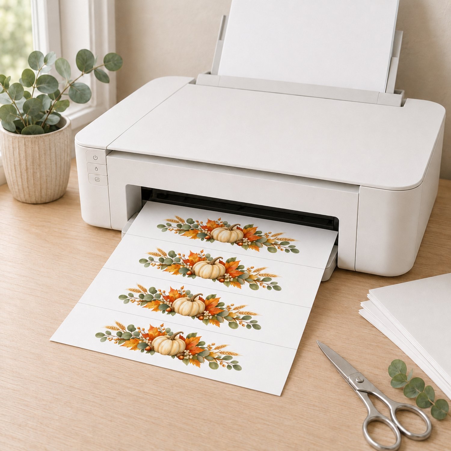 Printable Thanksgiving napkin rings featuring watercolor white pumpkins, orange autumn leaves, eucalyptus, wheat and acorns, with four bands on a US Letter page.