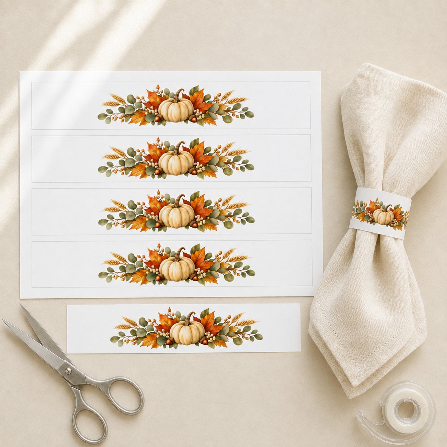 Printable Thanksgiving napkin rings featuring watercolor white pumpkins, orange autumn leaves, eucalyptus, wheat and acorns, with four bands on a US Letter page.