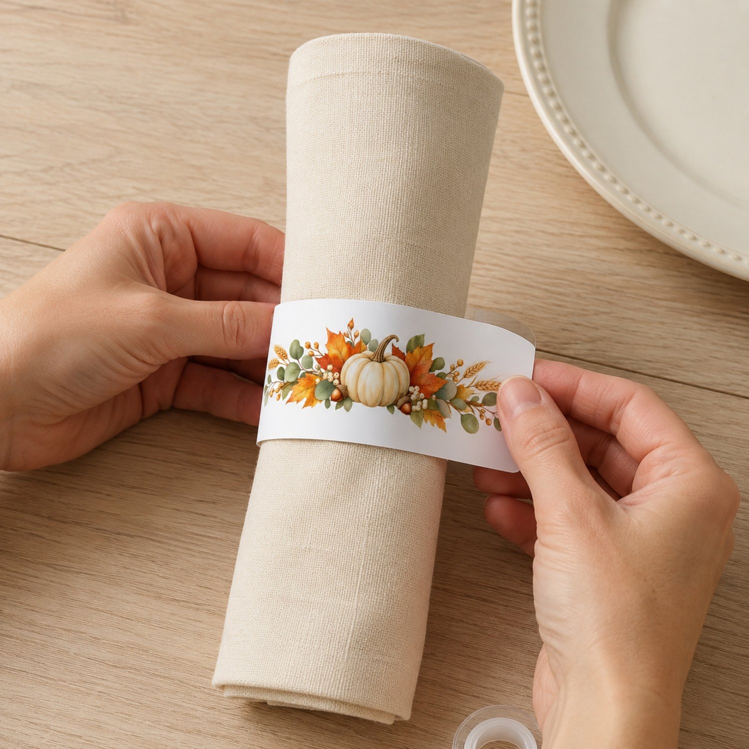 Printable Thanksgiving napkin rings featuring watercolor white pumpkins, orange autumn leaves, eucalyptus, wheat and acorns, with four bands on a US Letter page.