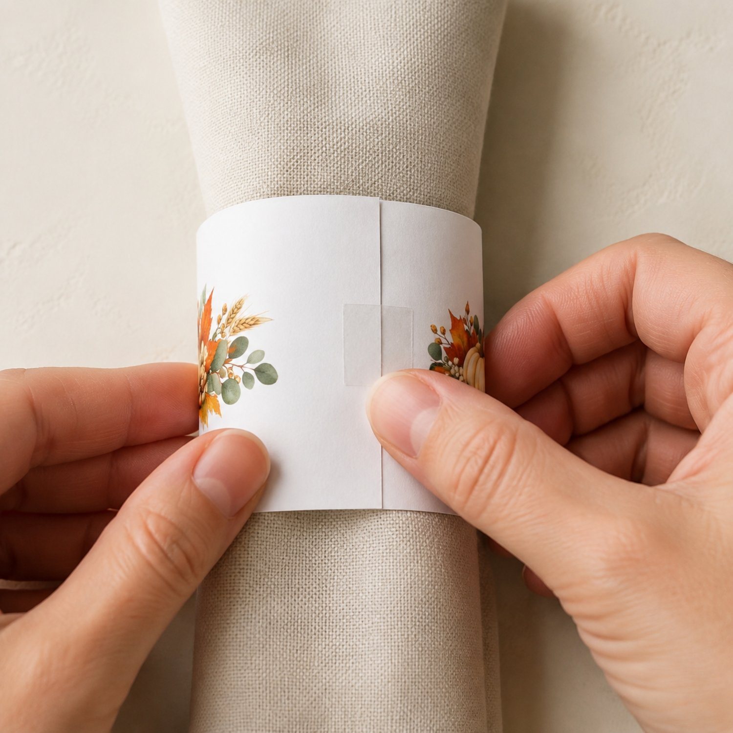 Printable Thanksgiving napkin rings featuring watercolor white pumpkins, orange autumn leaves, eucalyptus, wheat and acorns, with four bands on a US Letter page.
