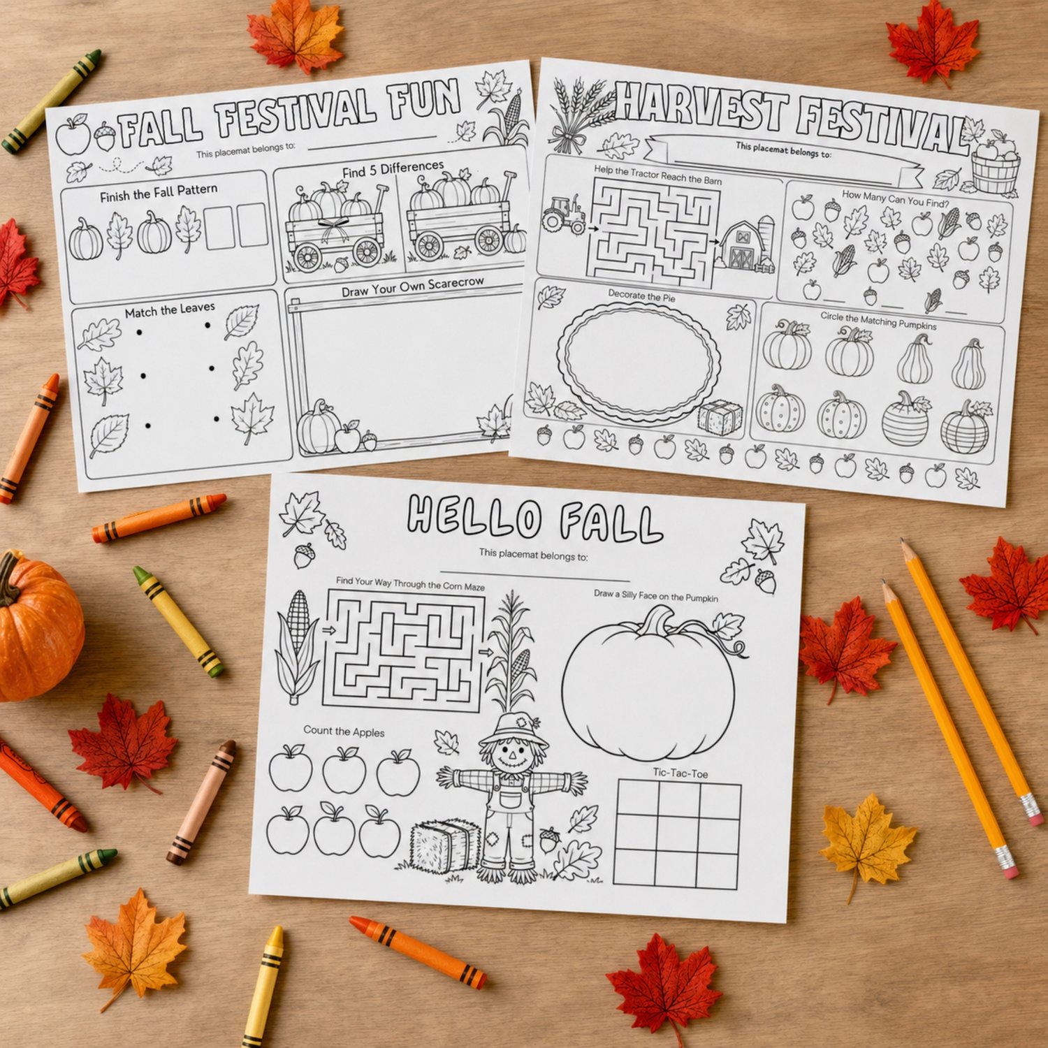 Three black-and-white printable fall activity placemats for children featuring pumpkins, apples, leaves, corn, scarecrows, tractors, mazes, coloring prompts, matching games and tic-tac-toe.