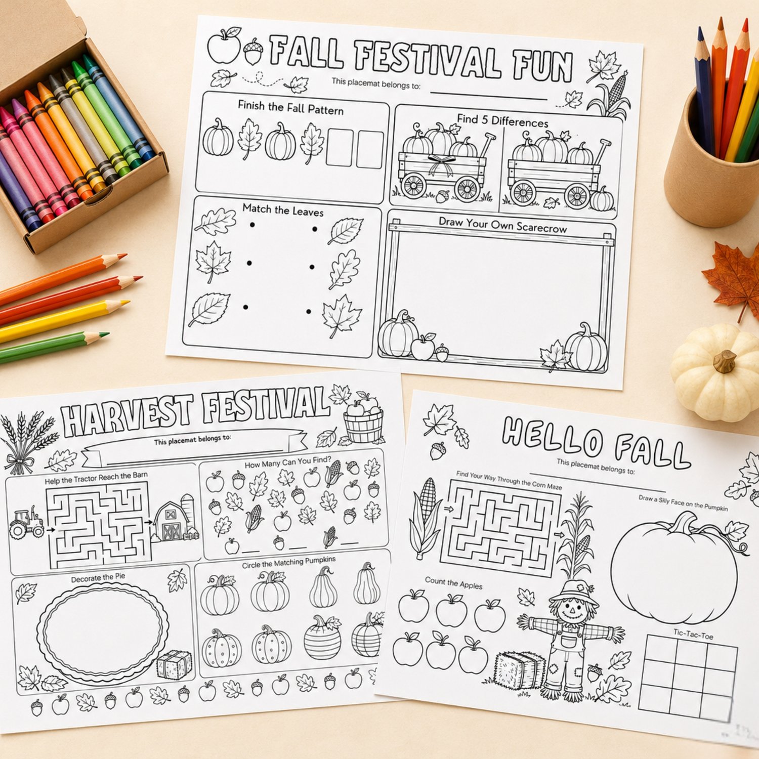 Three black-and-white printable fall activity placemats for children featuring pumpkins, apples, leaves, corn, scarecrows, tractors, mazes, coloring prompts, matching games and tic-tac-toe.