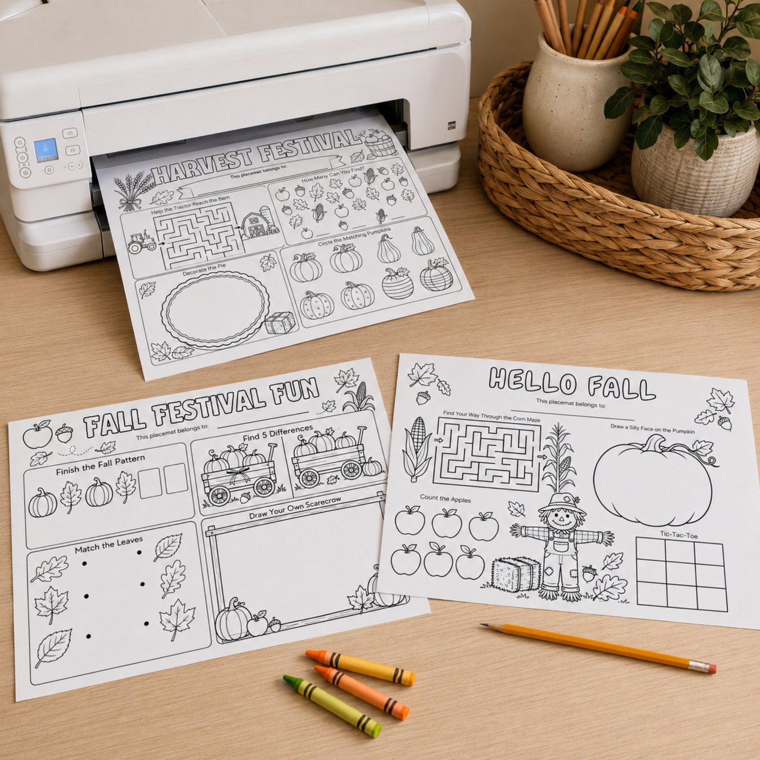 Three black-and-white printable fall activity placemats for children featuring pumpkins, apples, leaves, corn, scarecrows, tractors, mazes, coloring prompts, matching games and tic-tac-toe.