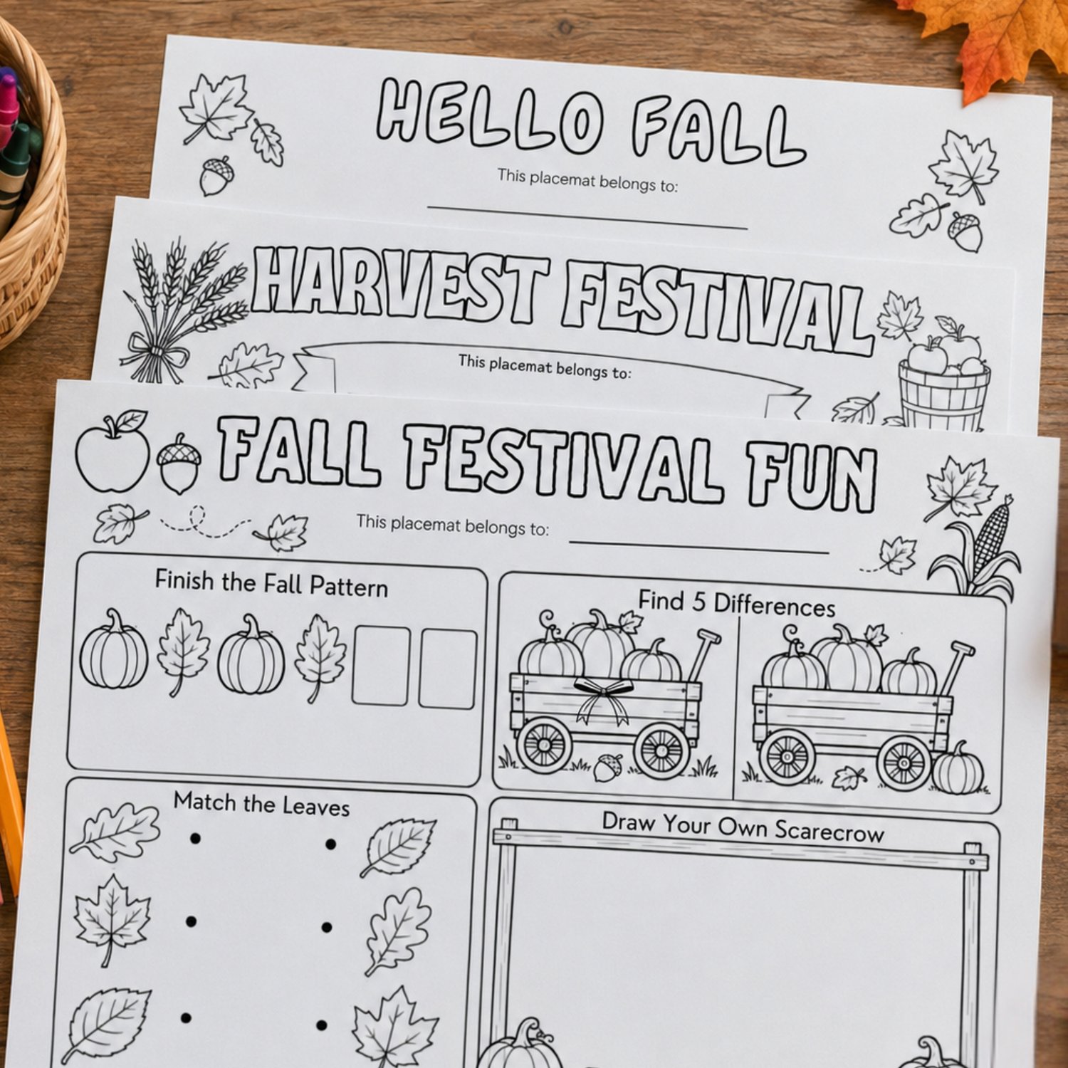 Three black-and-white printable fall activity placemats for children featuring pumpkins, apples, leaves, corn, scarecrows, tractors, mazes, coloring prompts, matching games and tic-tac-toe.