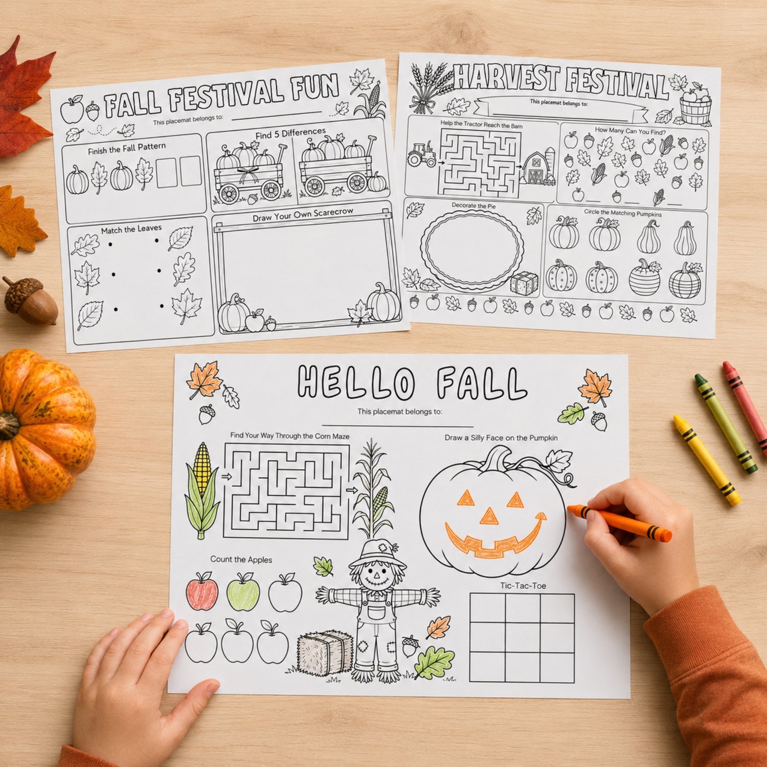 Three black-and-white printable fall activity placemats for children featuring pumpkins, apples, leaves, corn, scarecrows, tractors, mazes, coloring prompts, matching games and tic-tac-toe.