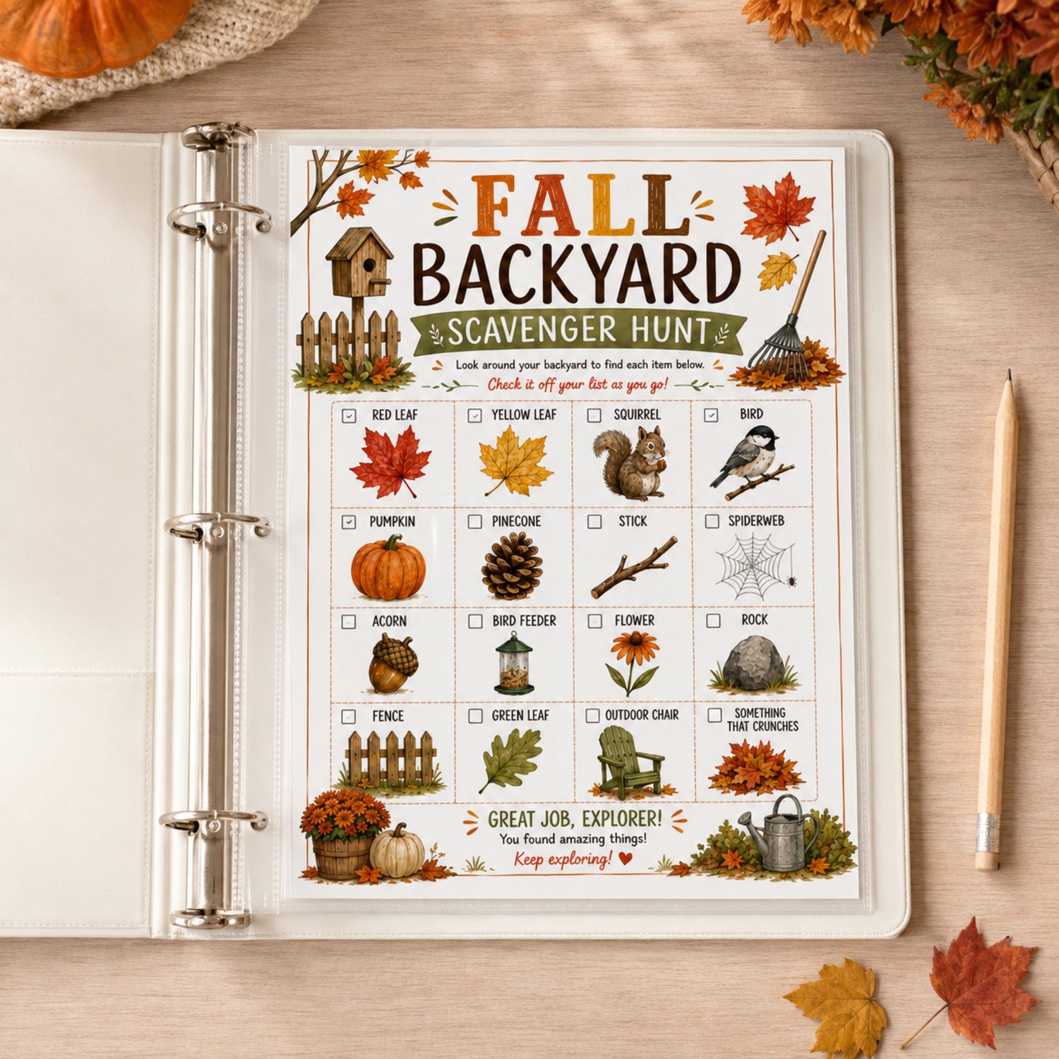 Colorful Fall Backyard Scavenger Hunt printable for kids featuring 16 picture clues, including autumn leaves, a squirrel, bird, pumpkin, pinecone, acorn, flower, rock, fence and outdoor chair.