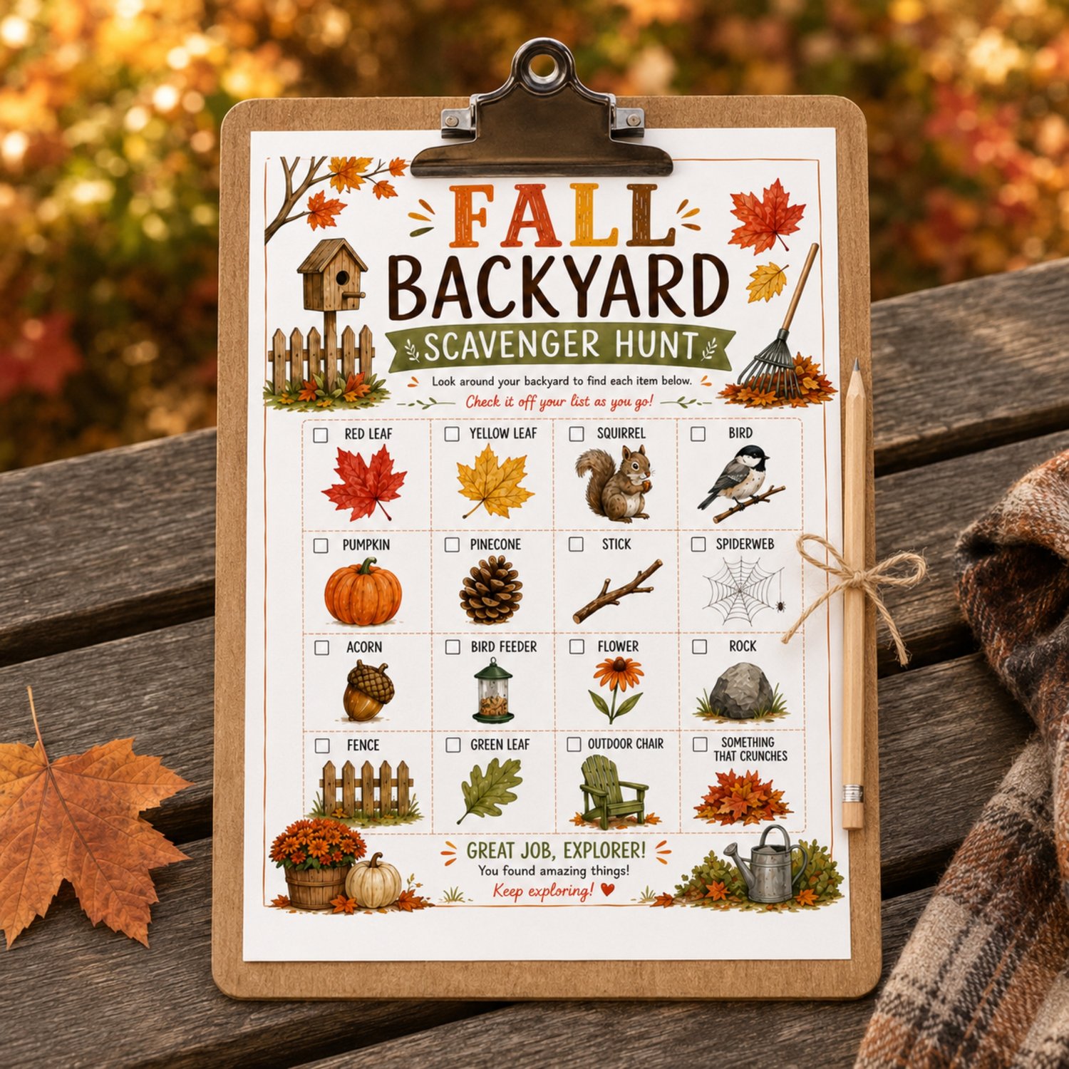 Colorful Fall Backyard Scavenger Hunt printable for kids featuring 16 picture clues, including autumn leaves, a squirrel, bird, pumpkin, pinecone, acorn, flower, rock, fence and outdoor chair.