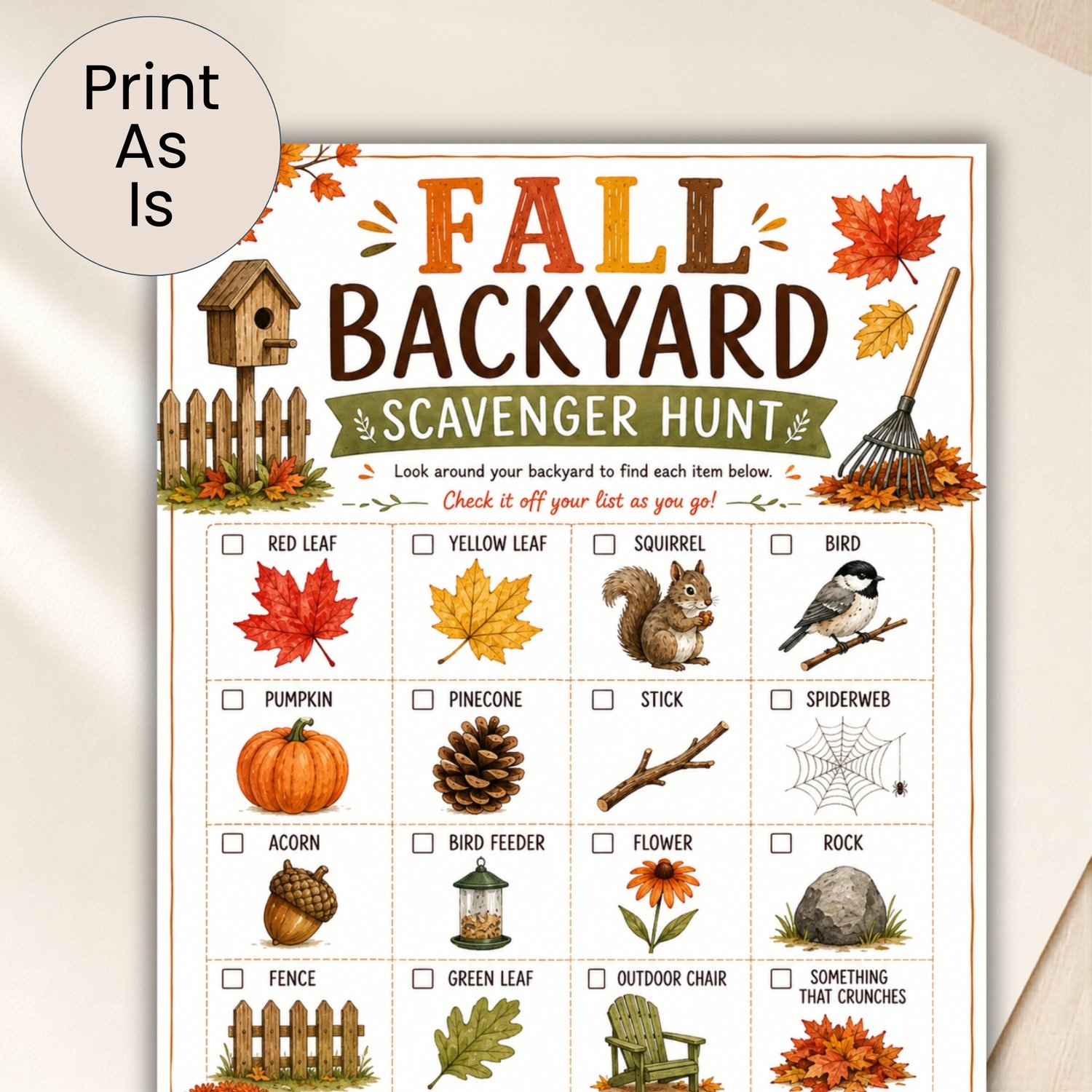 Colorful Fall Backyard Scavenger Hunt printable for kids featuring 16 picture clues, including autumn leaves, a squirrel, bird, pumpkin, pinecone, acorn, flower, rock, fence and outdoor chair.