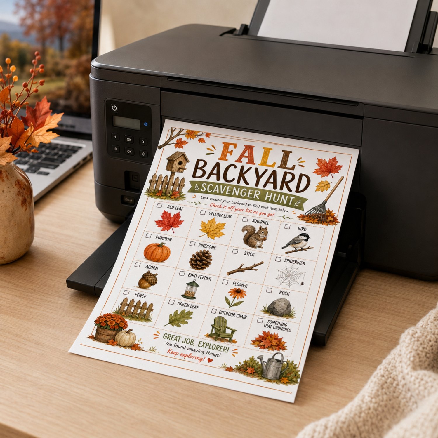 Colorful Fall Backyard Scavenger Hunt printable for kids featuring 16 picture clues, including autumn leaves, a squirrel, bird, pumpkin, pinecone, acorn, flower, rock, fence and outdoor chair.
